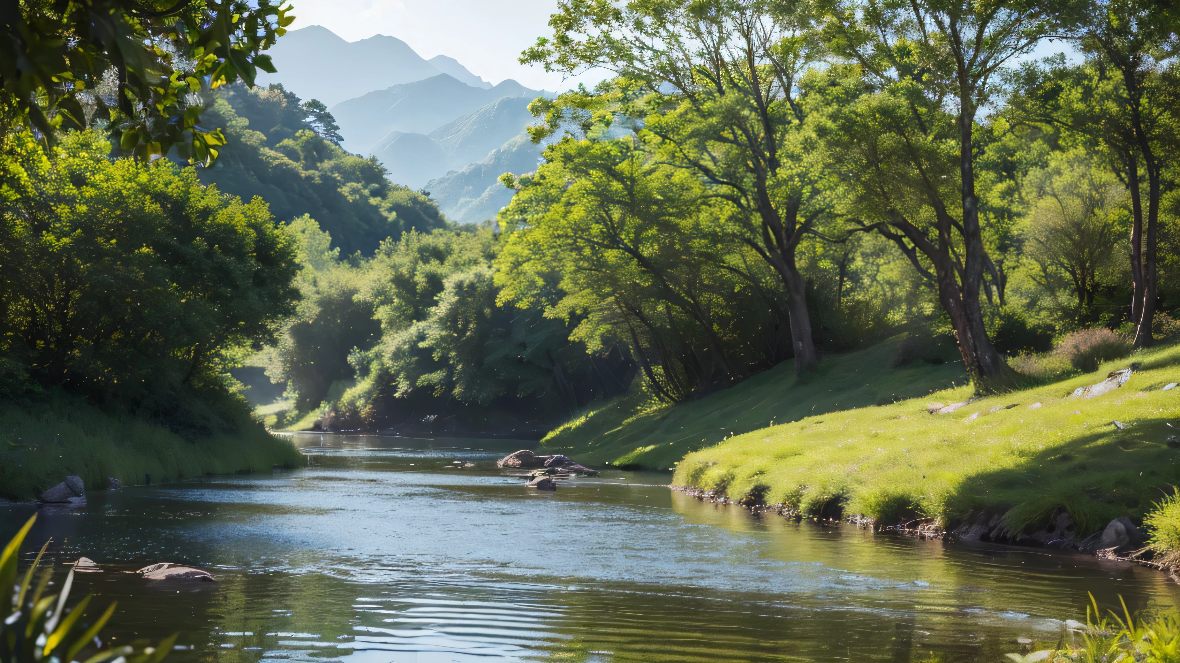(melhor qualidade, high resolution, obra de arte: 1.2), ultra-detalhado, Realista: 1.37, uma bela paisagem, Realista style, natural lighting, atmosfera serena, stunning scenery, lush vegetation, montanhas de longo alcance, clear blue sky, lago cristalino, refletindo a beleza circundante, Brisa suave, raios de sol passando pelos galhos, casting a warm glow, quiet river flowing peacefully in the distance, profundidade de campo impressionante, arte profissional, Realista representation, absorvendo o espectador na cena, impacto visual impressionante