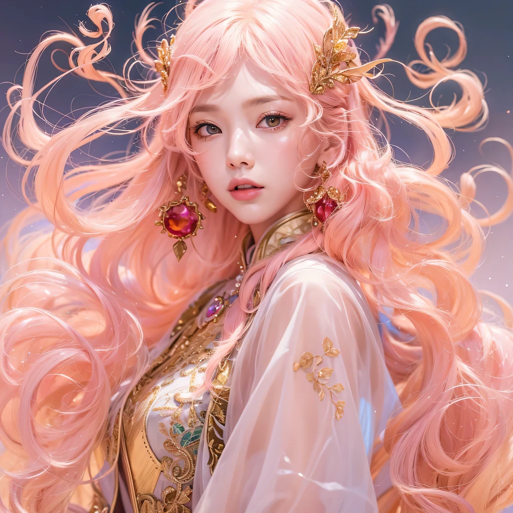 Peach Velvet Series,Peach-colored flull颜色,enamel,agate,A flesh-colored world,Blood Blue Maiden 32k(masterpiece,HD,Aoyama Pond,Ultra high quality,32k)Bright pink long flowing hair,blood pool,Ziddink, a color,Grumpy (After greeting), (Linen scarf), fighting stance, looking at the ground, light pink long hair, Floating bright blue, Fire cloud gold headdress, Chinese long-sleeved gold silk burgundy garment, (Abstract metaverse splash:1.2), White background,Peony flower vitality protector(realistically:1.4),Peach-colored flull,Smoke on the road,The background is very pure, high resolution, detail, RAW photos, Sharp Re, Nikon D850 film photo by Jefferies Lee 4 Kodak Portra 400 camera F1.6 guns, colorful, Ultra-realistic and vivid textures, dramatic lighting, Unreal Engine Art Station Trend, Sinest 800,Long flowing girl peach hair,Huge colorful bubbles light pink