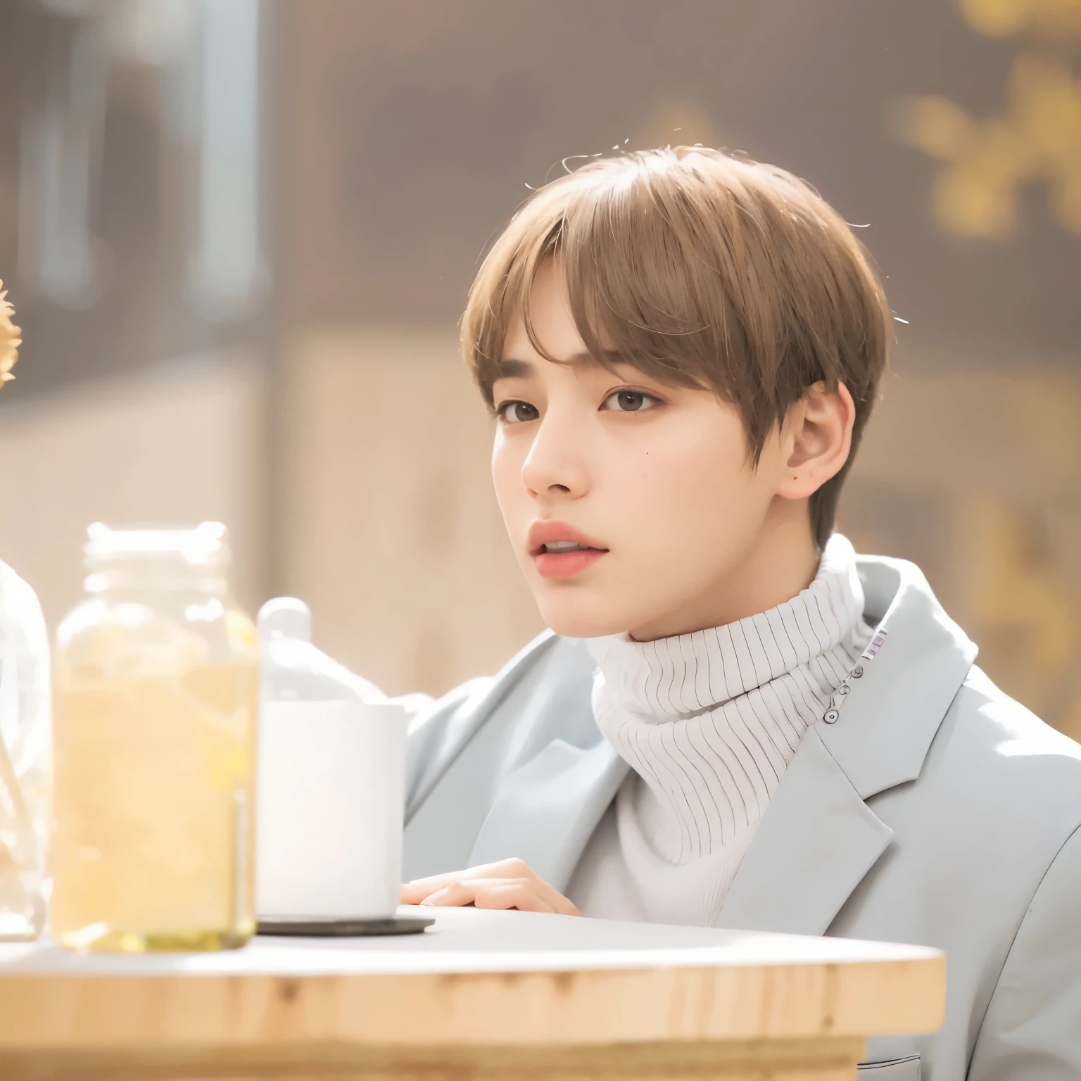 hay un hombre sentado en una mesa con un osito de peluche, retrato suave 8 k, con pelo corto, shinji, beautiful androgynous prince, park Jimin, inspirado en jeonseok lee, delicate androgynous prince, Jimin, fanart oficial, taehyung comiendo papas fritas gucci, inspirado en Kun Can, pintar ulzzang, high resolution