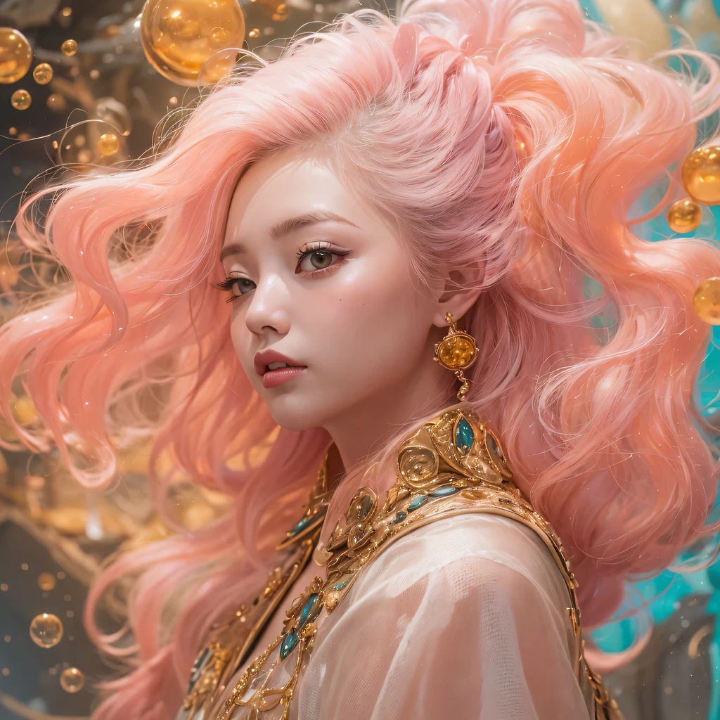 Peach Velvet Series，Peach-colored flull颜色，enamel，agate，A flesh-colored world，Blood Blue Maiden 32k（masterpiece，HD，Aoyama Pond，Ultra high quality，32k）Bright pink long flowing hair，blood pool，Ziddink， a color，Grumpy （After greeting）， （Linen scarf）， fighting stance， looking at the ground， light pink long hair， Floating bright blue， Fire cloud gold headdress， Chinese long-sleeved gold silk burgundy garment， （Abstract metaverse splash：1.2）， White background，Peony flower vitality protector（realistically：1.4），Peach-colored flull，Smoke on the road，The background is very pure， high resolution， detail， RAW photos， Sharp Re， Nikon D850 film photo by Jefferies Lee 4 Kodak Portra 400 camera F1.6 guns, colorful, Ultra-realistic and vivid textures, dramatic lighting, Unreal Engine Art Station Trend, Sinest 800，Long flowing girl peach hair，Huge colorful bubbles light pink