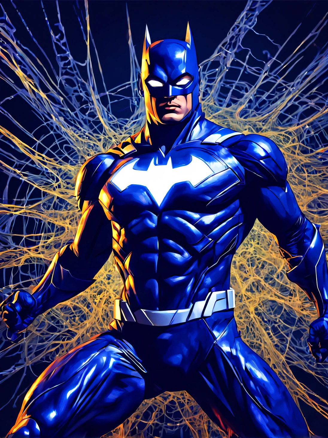 Neural network art, Highly accurate and clear night image (Hero:1.5055) from the world of neural networks, neural network worlds, (the great Hero of the neural network:1.455), (night Hero:1.455) Another world, (a Hero in a superHero costume and with a weapon:1.255), more details, shadow and glow, filigree, Beautiful Image, High detail