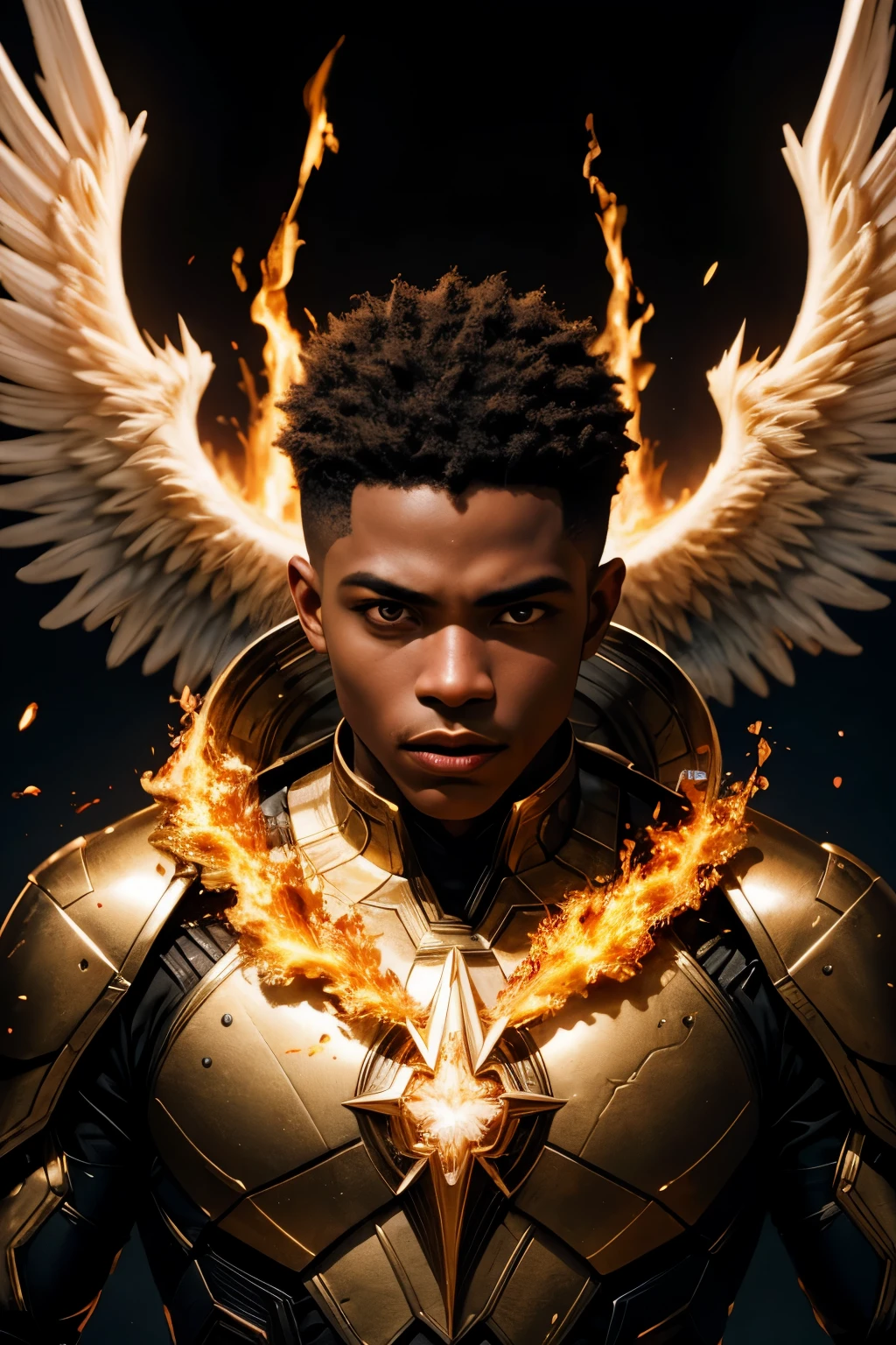 cinematic close-up still of a melancholic beautiful happy african american male super hero made out of fire wearing futuristic super hero clothing made out of light and angel wings in a hero pose, black background, face symmetry, intricate accurate details, 8K