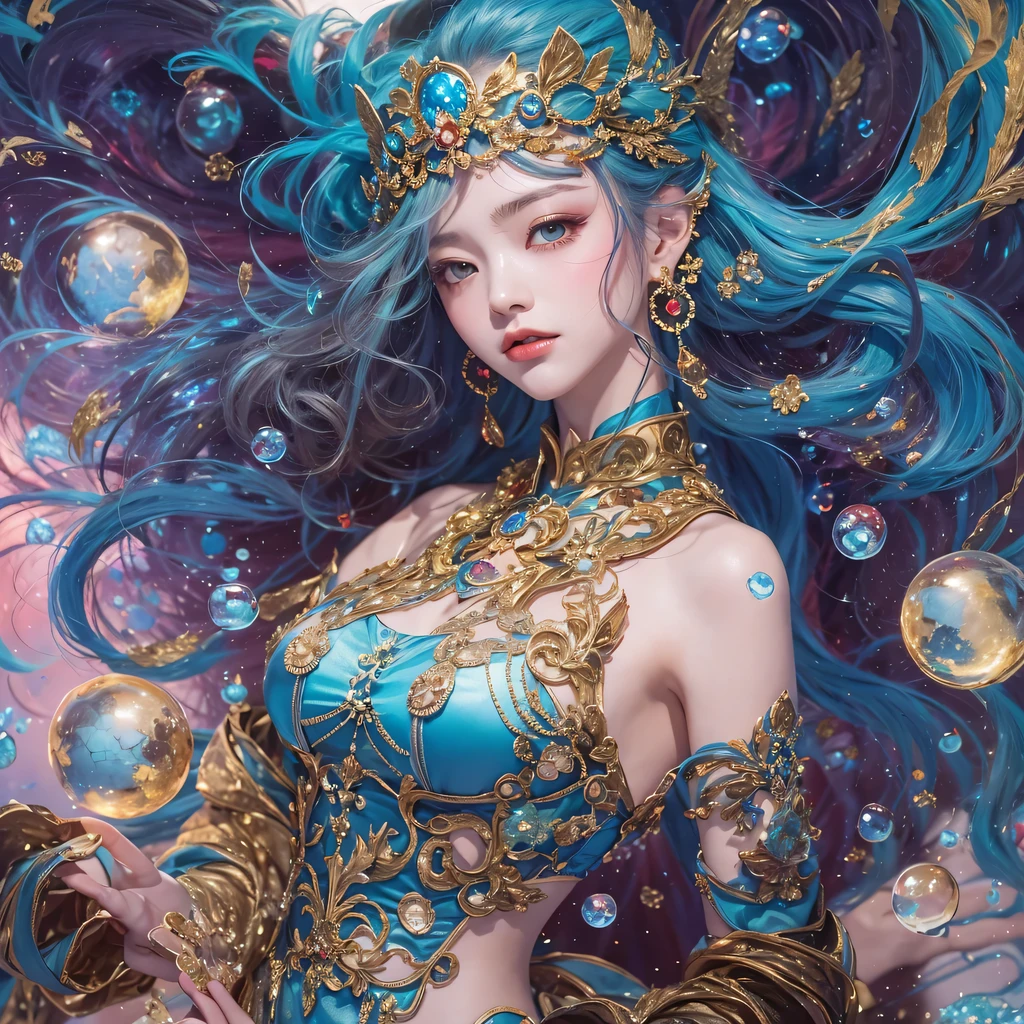 Yellow blue colors,enamel,agate,A flesh-colored world,Blood Blue Maiden 32k(masterpiece,HD,Aoyama Pond,Ultra high quality,32k)long flowing bright blue hair,blood pool,Ziddink, a color,Grumpy (After greeting), (Linen scarf), fighting stance, looking at the ground, long white hair, Floating bright blue, Fire cloud gold headdress, Chinese long-sleeved gold silk burgundy garment, (Abstract metaverse splash:1.2), White background,Peony flower vitality protector(realistically:1.4),bright purple hair,Smoke on the road,The background is very pure, high resolution, detail, RAW photos, Sharp Re, Nikon D850 film photo by Jefferies Lee 4 Kodak Portra 400 camera F1.6 guns, colorful, Ultra-realistic and vivid textures, dramatic lighting, Unreal Engine Art Station Trend, Sinest 800,一个有着long flowing bright blue hair的女孩,huge colorful bubbles