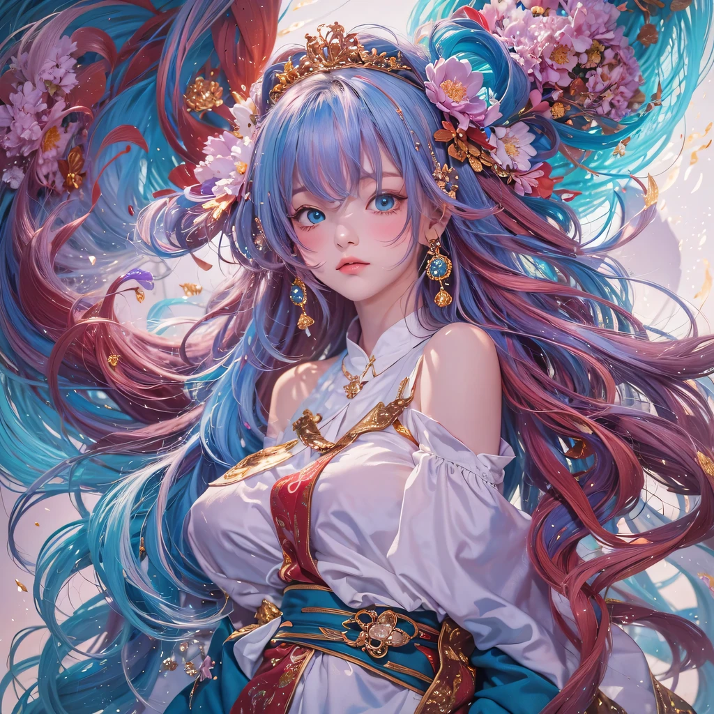 Yellow blue colors,enamel,agate,A flesh-colored world,Blood Blue Maiden 32k(masterpiece,HD,Aoyama Pond,Ultra high quality,32k)long flowing bright blue hair,blood pool,Ziddink, a color,Grumpy (After greeting), (Linen scarf), fighting stance, looking at the ground, long white hair, Floating bright blue, Fire cloud gold headdress, Chinese long-sleeved gold silk burgundy garment, (Abstract metaverse splash:1.2), White background,Peony flower vitality protector(realistically:1.4),bright purple hair,Smoke on the road,The background is very pure, high resolution, detail, RAW photos, Sharp Re, Nikon D850 film photo by Jefferies Lee 4 Kodak Portra 400 camera F1.6 guns, colorful, Ultra-realistic and vivid textures, dramatic lighting, Unreal Engine Art Station Trend, Sinest 800,一个有着long flowing bright blue hair的女孩,huge colorful bubbles