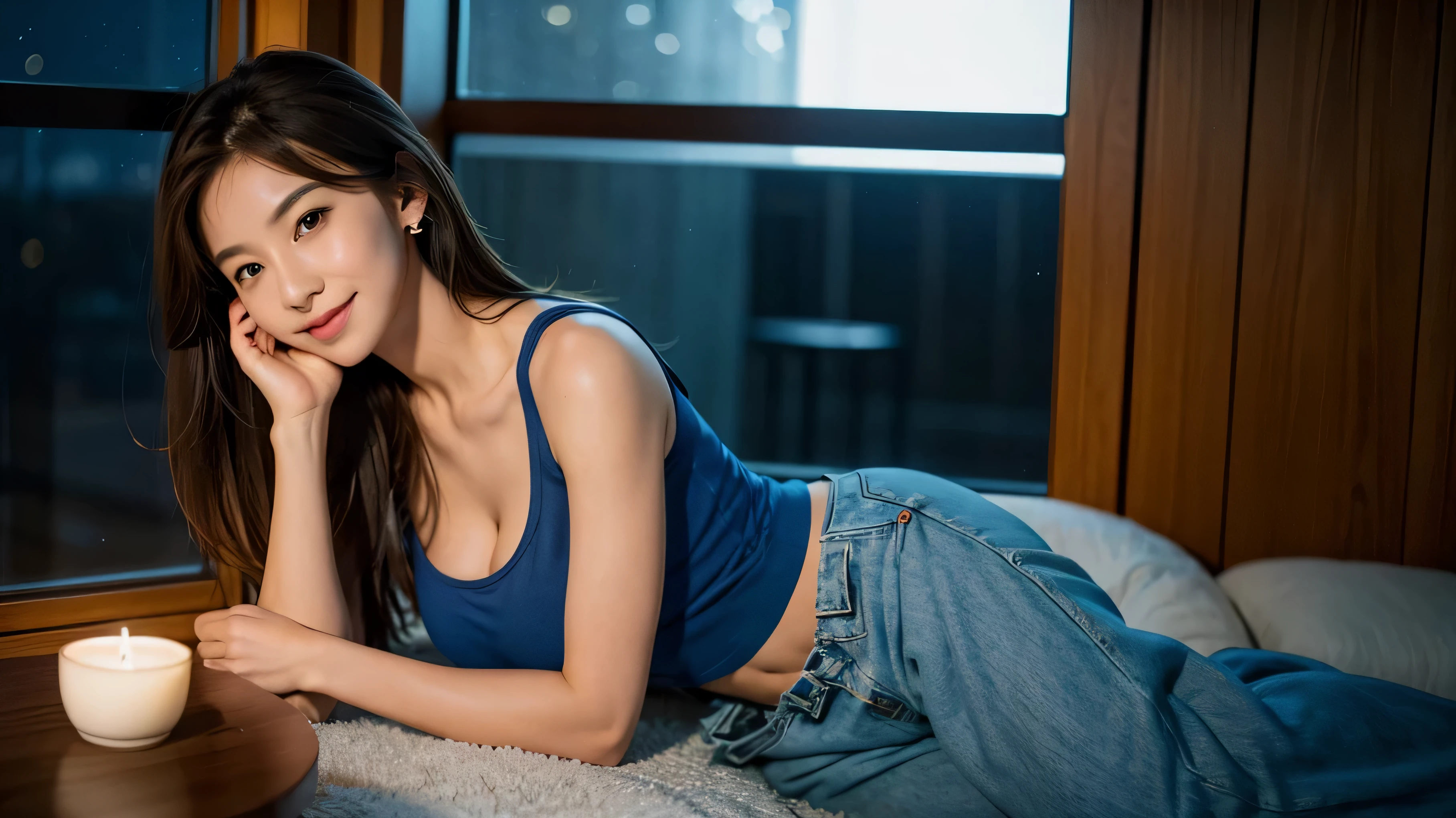 (1若い女の子very detailed美しい顔), great look and best quality:1.4), (super detailed), (very detailed CG 統合 8k 壁紙), very detailed, High resolution raw color photos, professional photography, realistic portrait, wonderful face and eyes, ((brown eyes)),(((big breasts))), (((Straight medium brown hair))), model, Depth of the bounds written, ,,put one's hand forward, ((smile)),33 years old,,(Fashionable earrings),(((stylish blue tank top)))),((Thin shorts)),get on your elbows,cleavage,足を開いてsit,,(((living room window at night))),((starry sky outside))(kitchen),(((spread legs))),((sit)),(((lie down)))