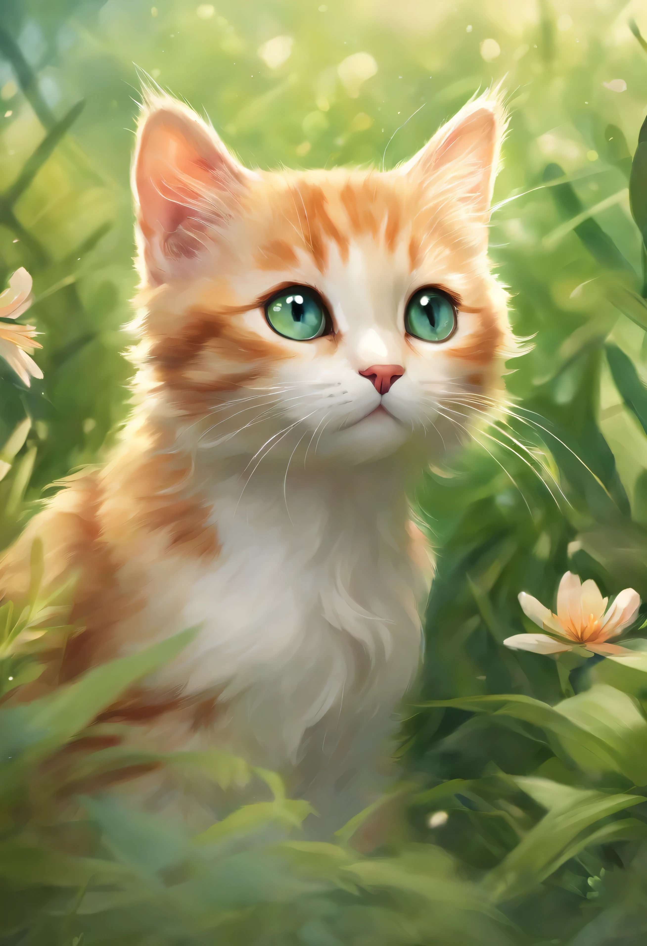 color style, digital art (cat character), official art, amount,master part, beautiful, ((watercolor)), ((kitten), adorable,可adorable、fluffy、Fresh green background、field、Wakaba、spring、Refreshing space、dramatic composition。 intricate details. very fine eyes, blue eyes、[dripping:0.5], art station trends, Raquel Walker