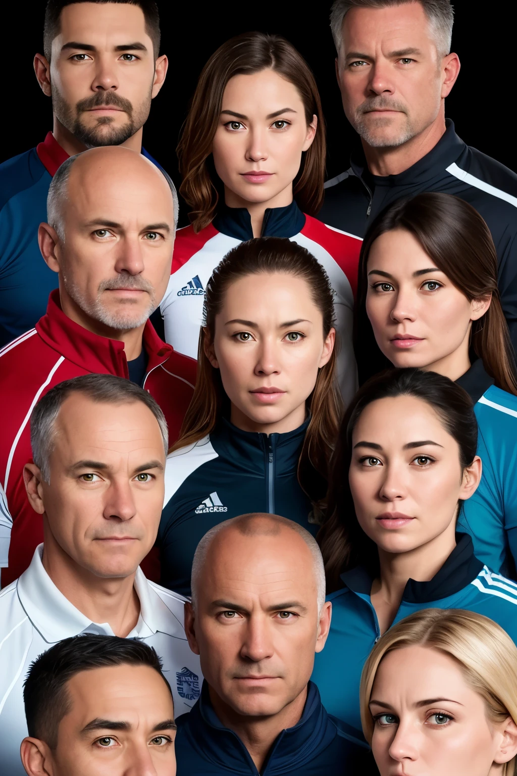 A captivating photo of men and women coaches, exuding confidence and passion, captured in ultra-high definition and super realistic detail. The image, taken with a state-of-the-art super ultra HD camera, showcases each coach's facial features and textures in stunning clarity: 1.2. Their intricately detailed clothes, featuring vibrant colors and patterns, add depth to the image. The coaches' expressive eyes convey a sense of dedication and enthusiasm. The setting, perhaps a well-lit gymnasium or training facility, further emphasizes their professionalism. The image, a masterpiece in its own right, is a must-see for those seeking high-quality, realistic visuals.