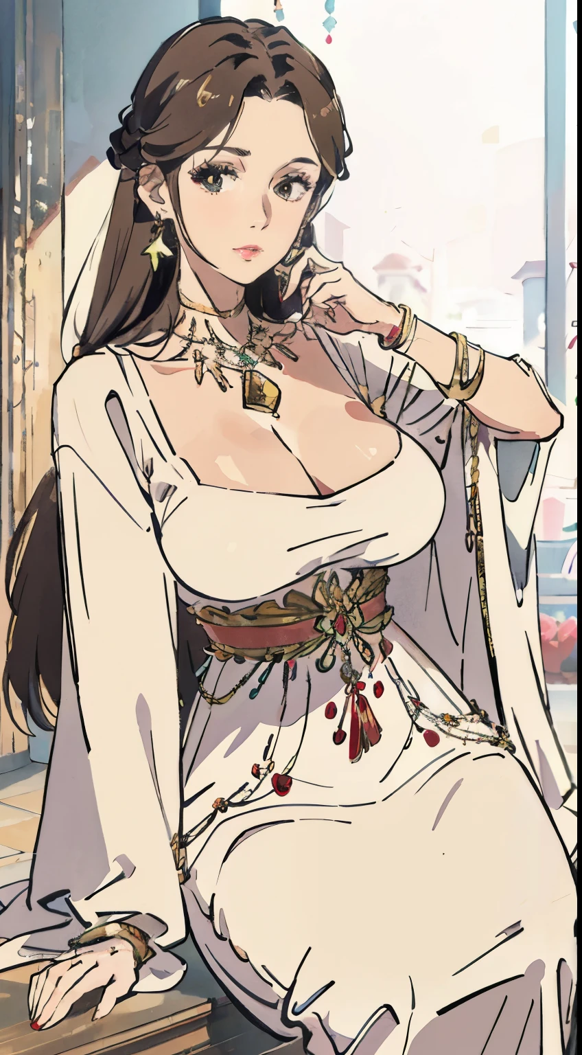 The best quality in the best condition, official art, cinematic light, ultra high resolution, 1 huge breasts, mature, solo, jewelry, long brown hair, looking at the viewer, with brown eyes, dress、fashion, Louis Vuitton, CHANEL, gucci, Prada, looking at the viewer, 8k、slim、slender、model body shape、Model Posing、very small bust、necklace、bracelet、earrings、Gorgeous and stylish