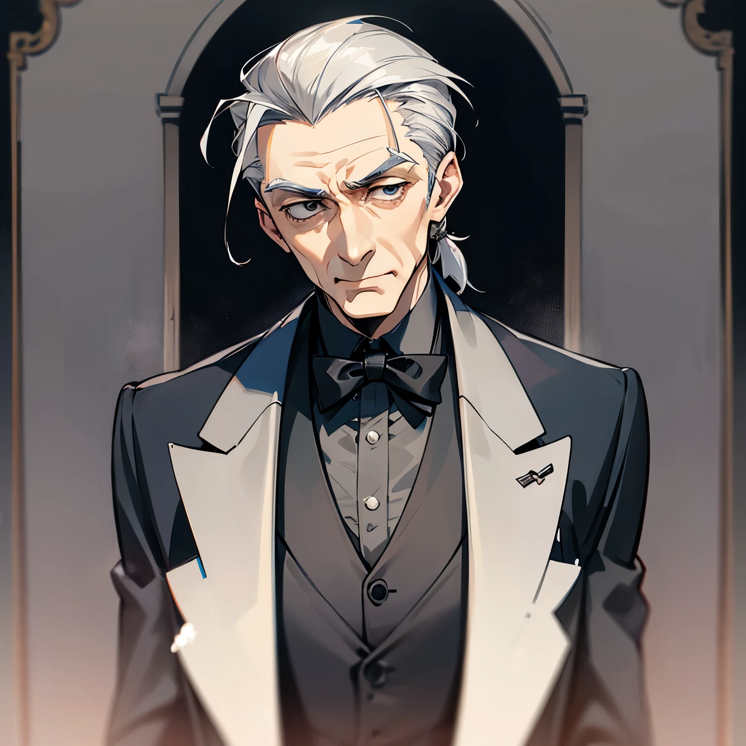 Butler、Tuxedo、male、60 years old、hair slicked back、gray hair、wrinkles on face、bitterness