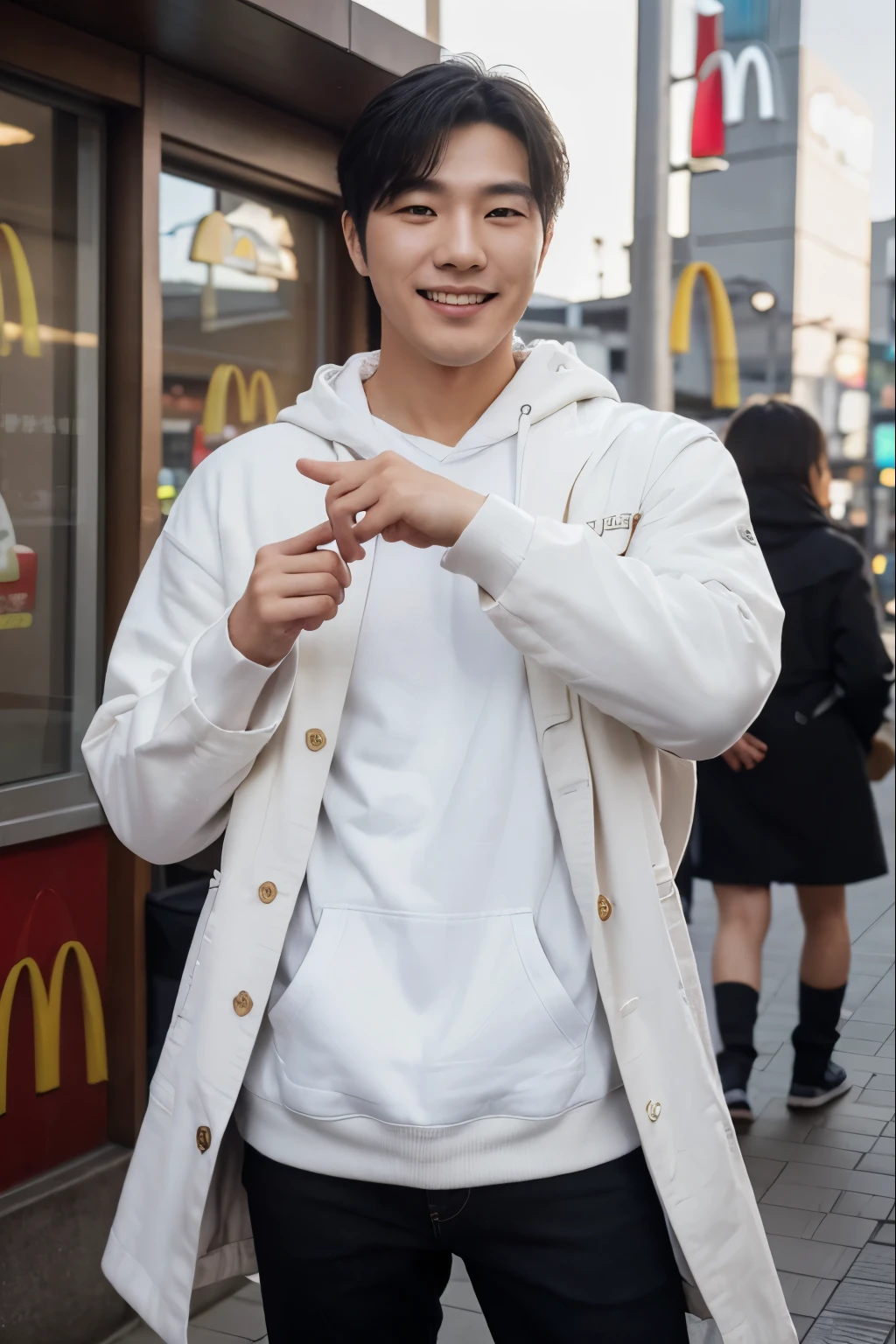 (photo-realistic,1 handsome korean man),in front of (Tokyo McDonald's shop),pointing at the (McDonald's logo behind),smiling,happy,natural light,daytime,(white hoodie),(black trenchcoat),(black jeans),(man)