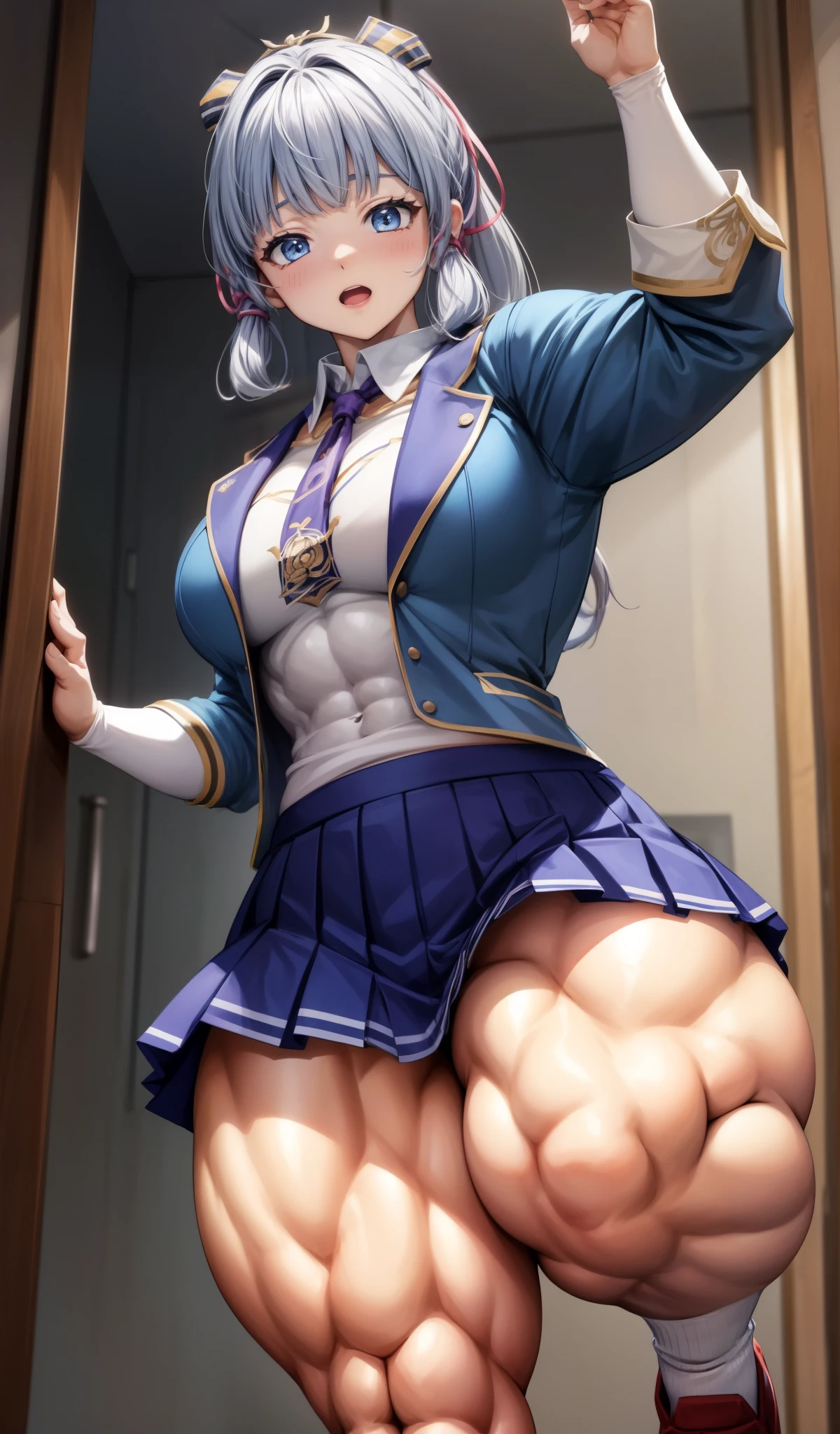 神里绫华, (muscular female:1.1),school uniform jacket, skirt, ,muscular thighs
masterpiece, best quality, extremely detailed face, perfect lighting, extremely detailed CG,open mouth,