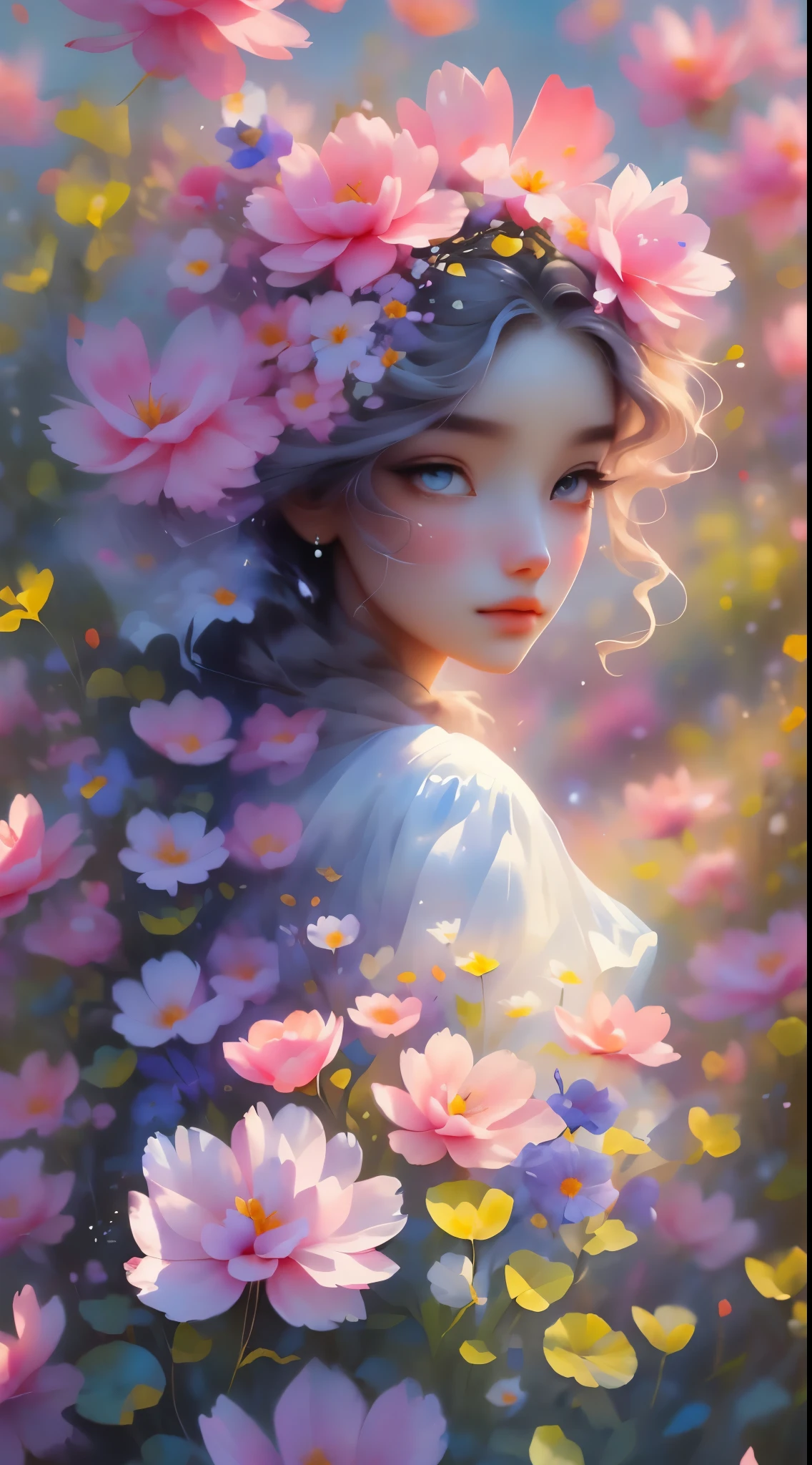 The colors in this image are soft,Get inspired by pastel watercolors,Should be mainly pink. Generate a delicate and tranquil flower princess with soft hair dancing in the wind and complexly braided. Her sweet face was puffy, kissable lips and stunning, Highly realistic eyes. she has a pair of beautiful eyes, Hire eyes, 8k eyes, beautiful details eyes, Beautiful and delicate eyes, realistically shaded eyes, and colorful, realistic eyes.. She wears exquisite silk and satin fabrics. Her dress was adorned with tiny pink gems and cream pearls. She sits in the middle of the most beautiful meadow in the world,Surrounded by beautiful flowers of different sizes and colors. The background is wild and unruly, Delicate flowers dance in the wind,Create a dynamic image. An Gorgeously flowered headdress adorns her head and soft petals fall around her. Flowers are realistic and very detailed,Comes in different shapes and sizes, some with iris and others with varying shades of pink and blue. Includes soft watercolor skies. The background is wild, Delicate flowers dance in the wind,Colorful pollen fills the air. Includes realistic hair and skin textures. Including fantasy details, Enhance details, iris, Colorful sparkling wind, and pollen. Pay special attention to her face,Ensure it's beautiful and realistic in detail. The picture should be dreamy and ethereal. Include complex fantasy details. 8k, complex, elegant, Very detailed, majestic, digital photography, artgerm、Ruan Jia、surreal painting pearl butterfly filigree by greg rutkowski, petal, (masterpiece, Delicate and beautiful eyes: 1.2), high dynamic range, Realistic skin texture, ((Gorgeous)), ((complex)), ((Fantasy 00d:1.2)), light, (Add details), (Add more details), Very detailed, Gorgeous flowers, dew drops, Sunlight, 太陽light
