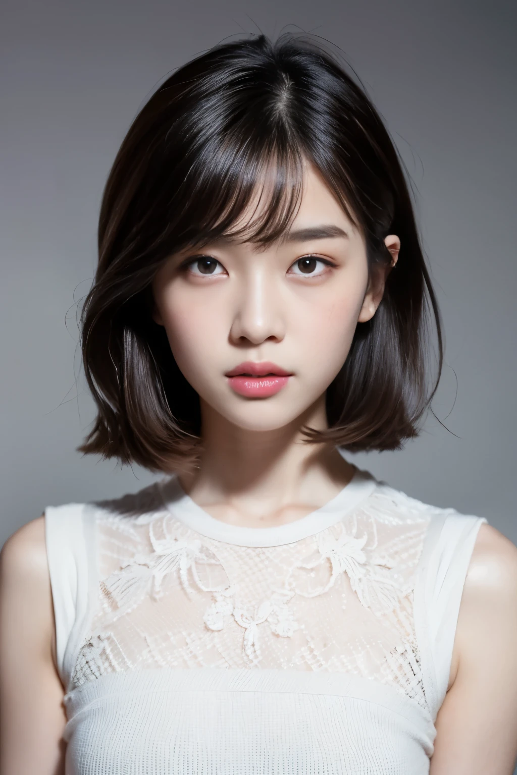 Girl, 14 years old, beautiful, Chinese, Asian girl, gray background, lighting, brown hair, detailed hair, short layered hair, beautiful, long black clothes, cherry lips, elegant, detailed white skin, thin bangs, perfect slim