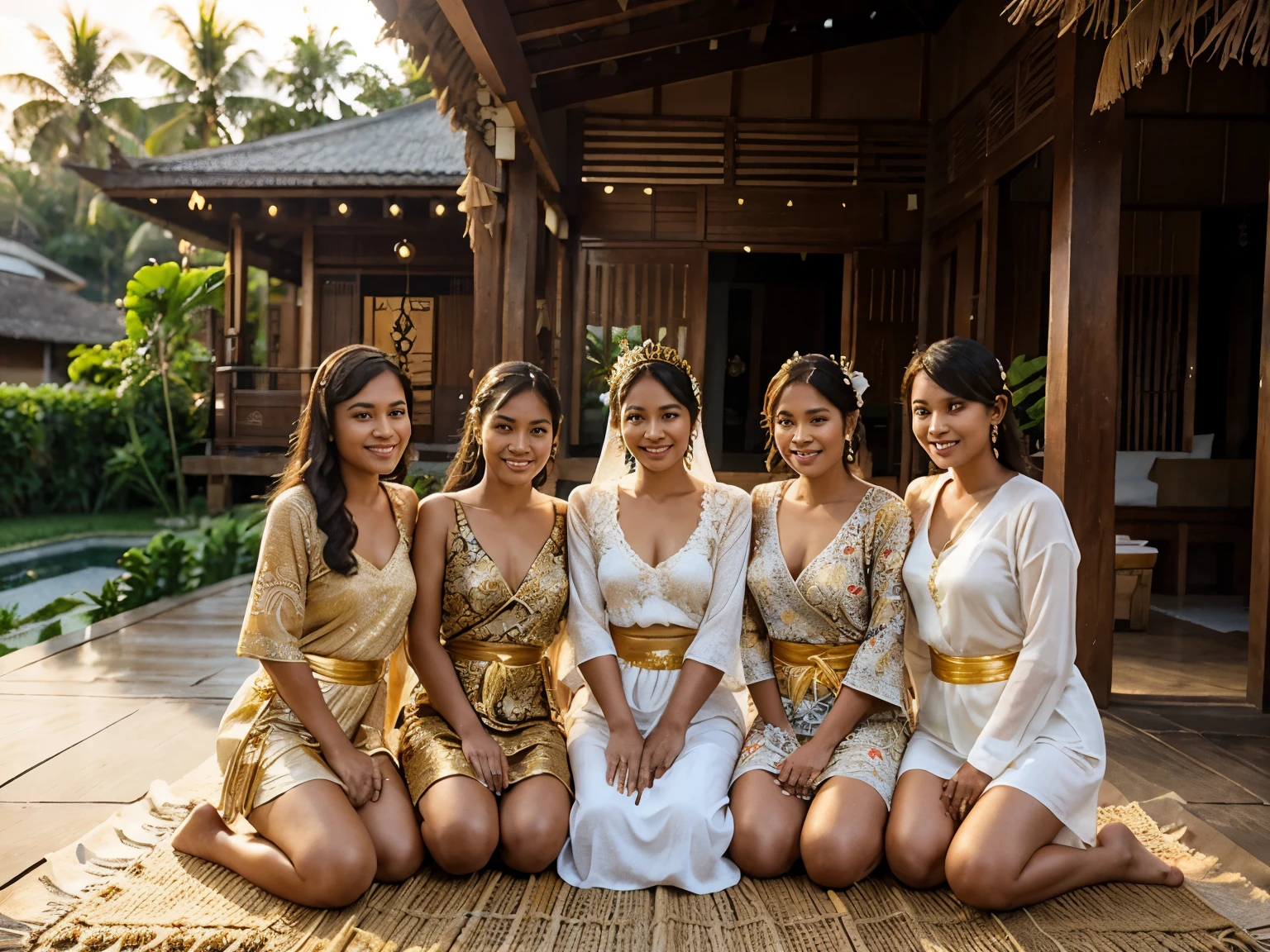 Closeup photo of 5 polynesian woman, long and short hair, wearing traditional white Thai long sheer abaya and long batik sarong skirt , gold crown with flower ornament, smiling, cheerful sitting pose, outdoor terrace of a traditional Balinese wooden house, afternoon, sunset, golden hour