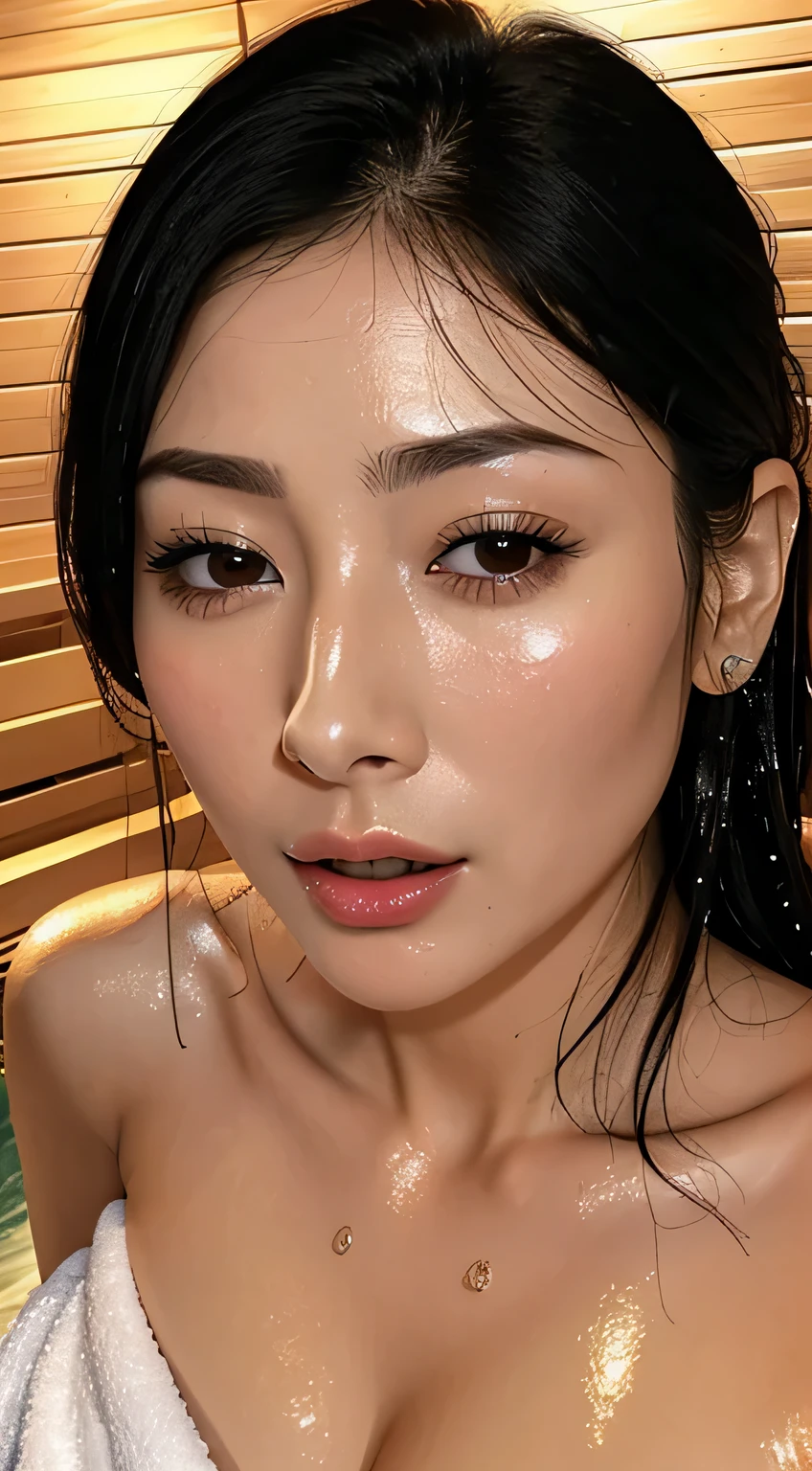 1 person,realism, surrealism, Written boundary depth, Hmm........, retina, Anatomically correct, Rough skin, High resolution, Highest quality, Very detailed, 8k (Woman with open mouth and closed eyes ), 30 years old、Black Hair、Glowing Skin、Face close-up,From below、Realistic nostrils、Long and narrow nasal cavity,、(Inside the camping tent）,Big Breasts、(Sharp Nose)Frowning performance:1.4, concept,teeth,performance,facial performances,Frowning,please raise your head、Skin shiny with sweat,Climax face after being molested,Beautiful Japanese Woman,Dill,