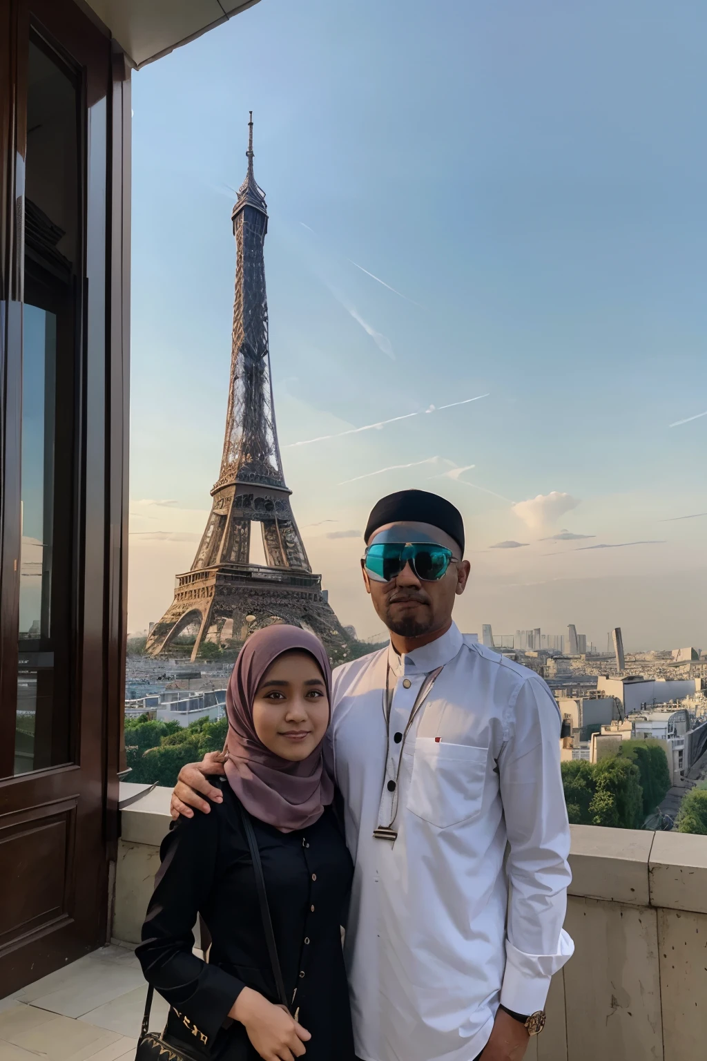 sepasangan kekasih cowok muslim dan cewek muslim, berfoto di bawah menara eiffel paris perancis, mengunakan pakaian musim semi terbaik.suasana sekitar sangat ramai.realistik.super HD ,8K