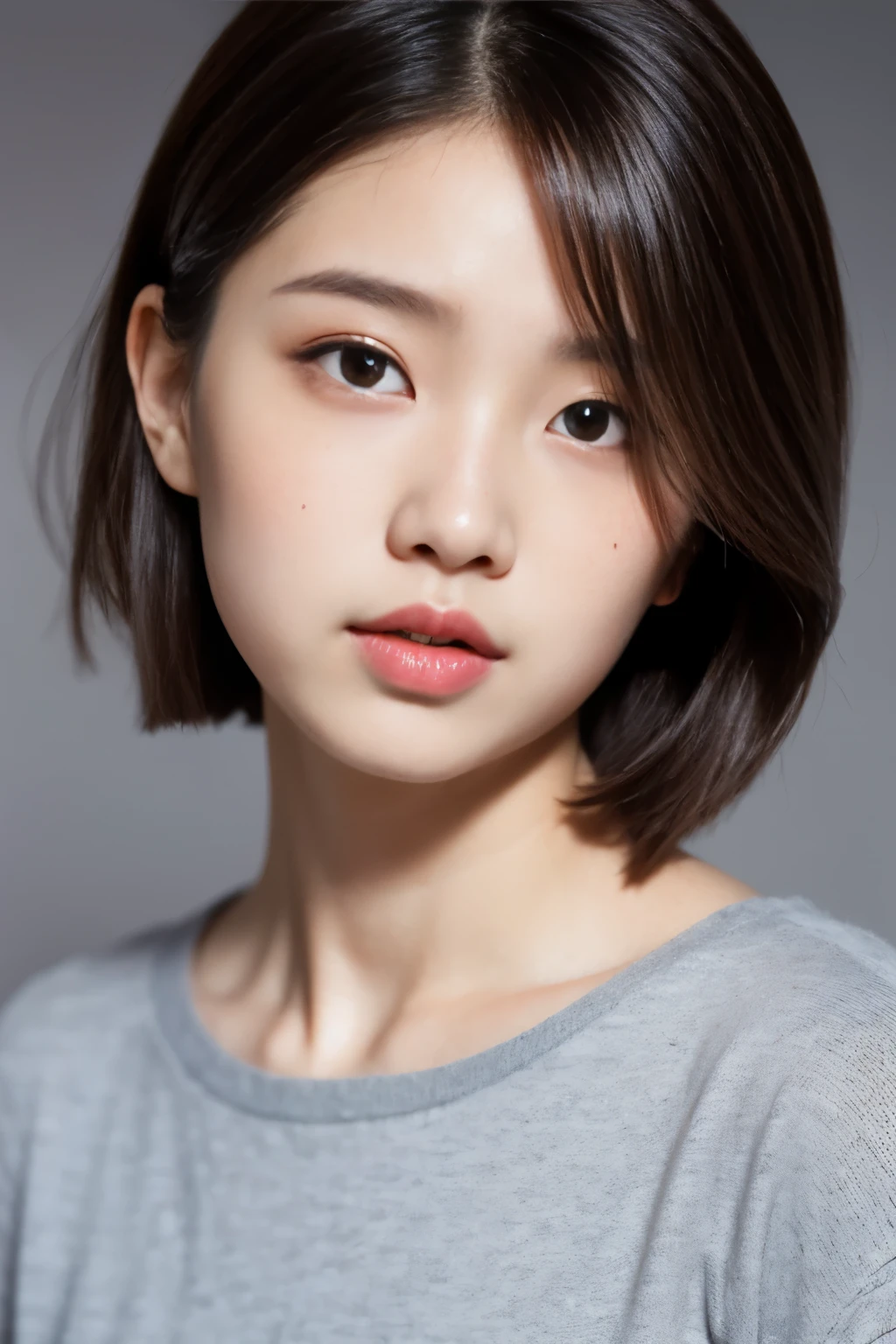 Girl, , beautiful, Chinese, Asian girl, gray background, lighting, brown hair, detailed hair, short straight hair, beautiful, M, has freckles in her eyes, cute, has full cheeks, red lips 