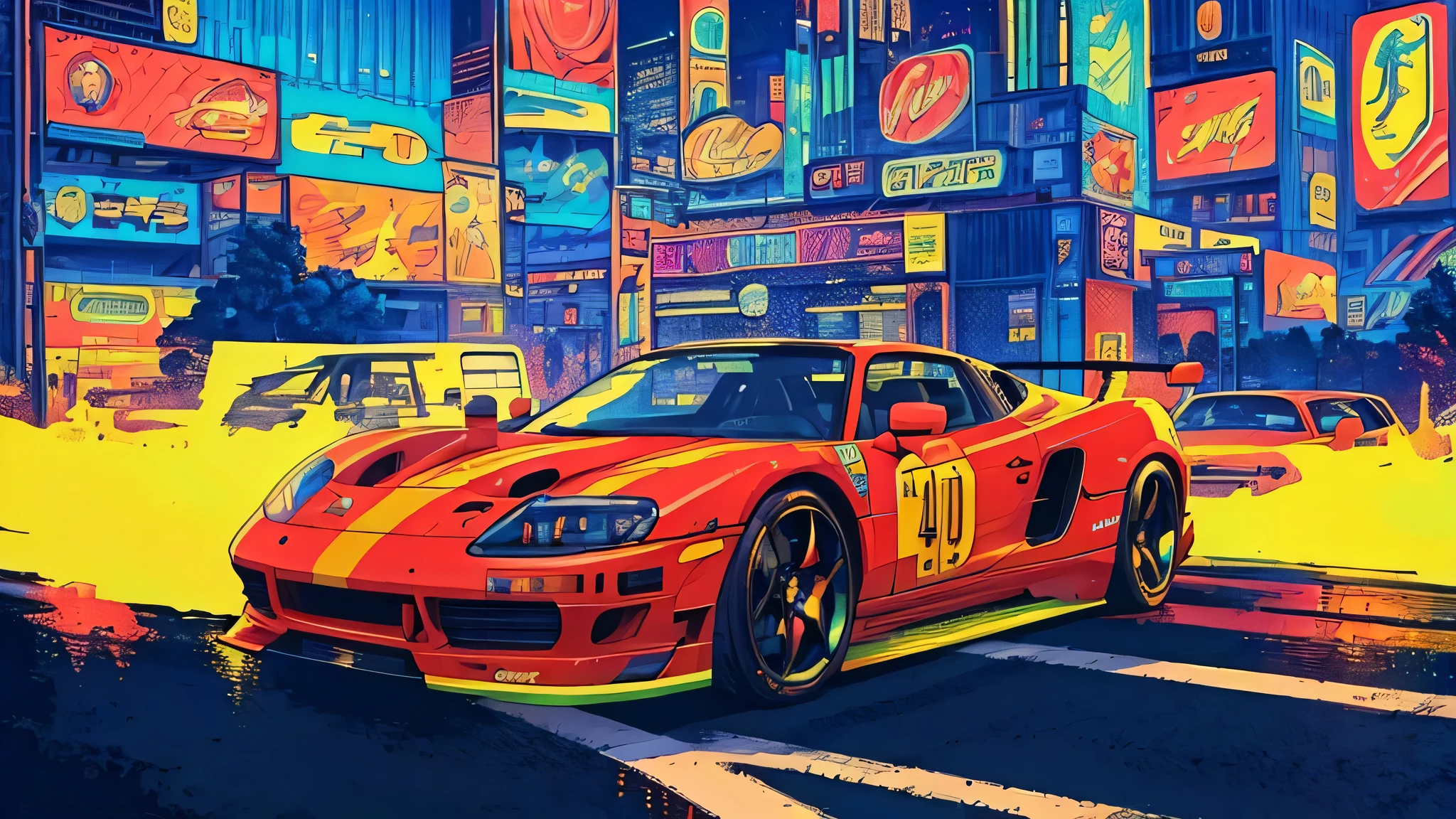 best quality, 4k wallpaper, masterpiece, Extremely detailed CG unified 8k wallpaper, extremely detailed eyes, super detailed, intricate details, Retro art style, neon_pop art style, people, Outdoor sports, road sign, City, people，sports car