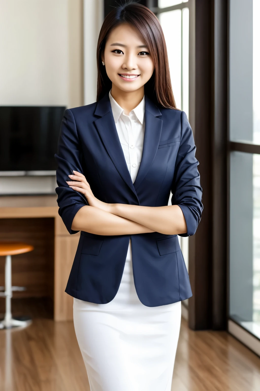 Asian working women,rigorous,confidence,hands crossed,Standing frontally,Smiling,atmosphere