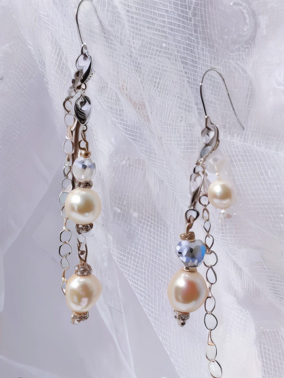 真珠がぶら下がっているearringsが 2 組あります, Pearls and chains, Featuring rhodium wire, 真珠のearrings, wearing 真珠のearringss, ロングearrings, bride, 精巧なearrings, pearlescent, Jewelry Pearls, Silver，ivory, pearl and gold chain, close up view, earrings, pearls and shells, close up detaileds, Pearl thread, detailed