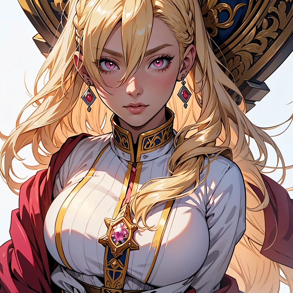 medieval anime art, masterpiece, best quality, by professional artist, only one person, upper body portrait, female, solo, detailed composition, detailed eyes, blank white background, blonde hair, pink eyes, priestess, wearing royal mage outfit, mature, voluptuous, lipstick, earrings