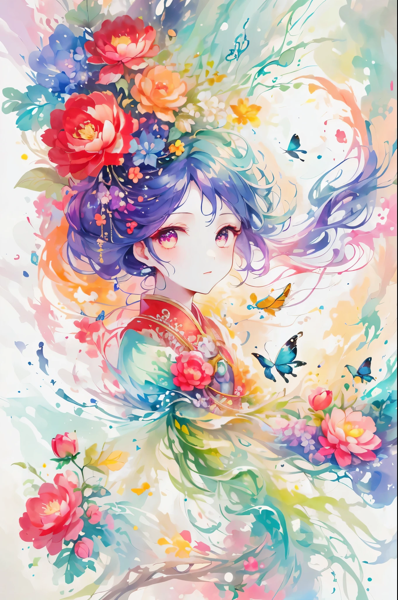 (Highest quality),(works of masters),(Detailed eye description),(8k wallpaper)(detailed facial description),rich and colorful,1 girl,Chinese clothes,Half body,上Half body,Iridescence and rainbow eyes,floating rainbow hair,iridescent and rainbow dresses,Peach blossom background,