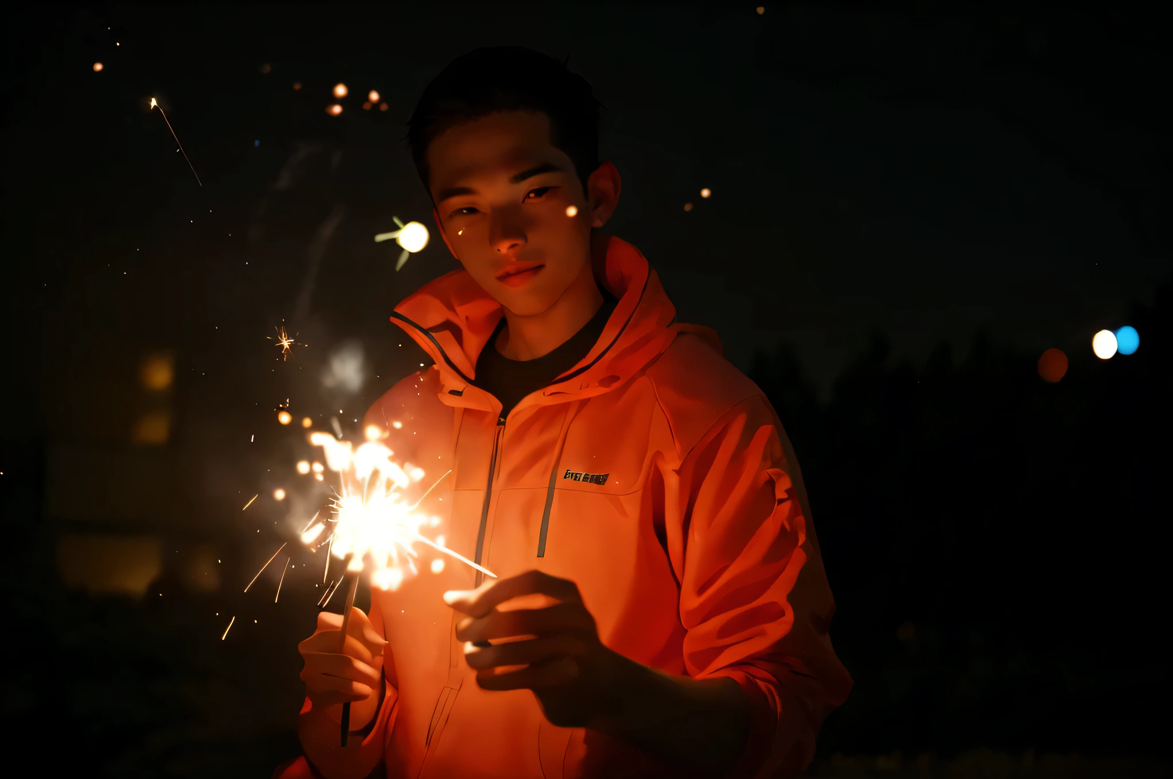 there is a man holding a sparkler in his hand, taken with a canon eos 5 d, taken with a canon eos 5d, shot with canon 5 d mark ii, sparklers, shot with a camera flash, shot with sigma f/ 4.2, shot with sigma f / 4. 2, fireworks, sparks flying, harsh flash photo at night