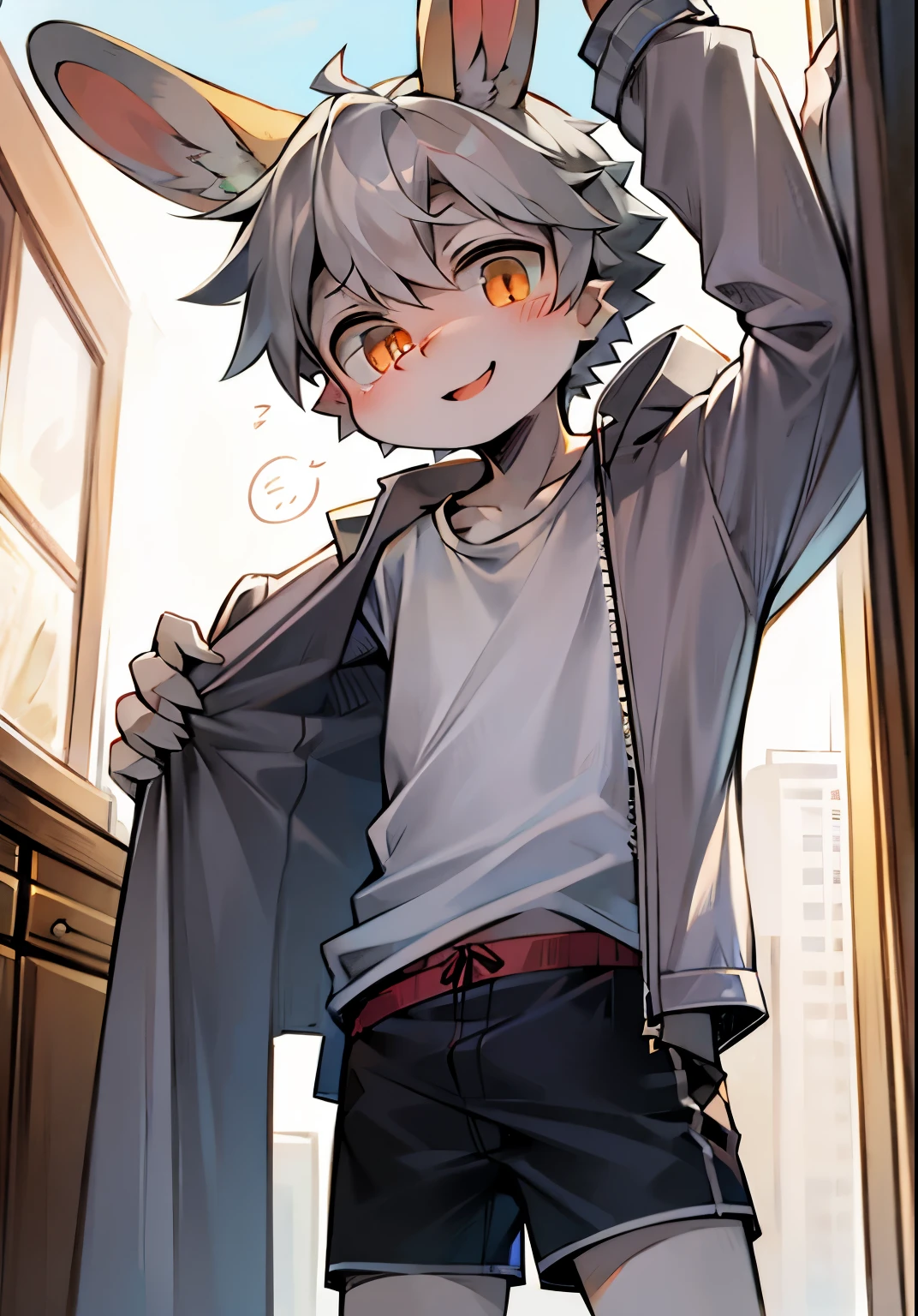 bunny boy,bunny ears,Rabbits have long ears,male focus,furry men ,Furry Shota,One meter six height,summer coat,shorts