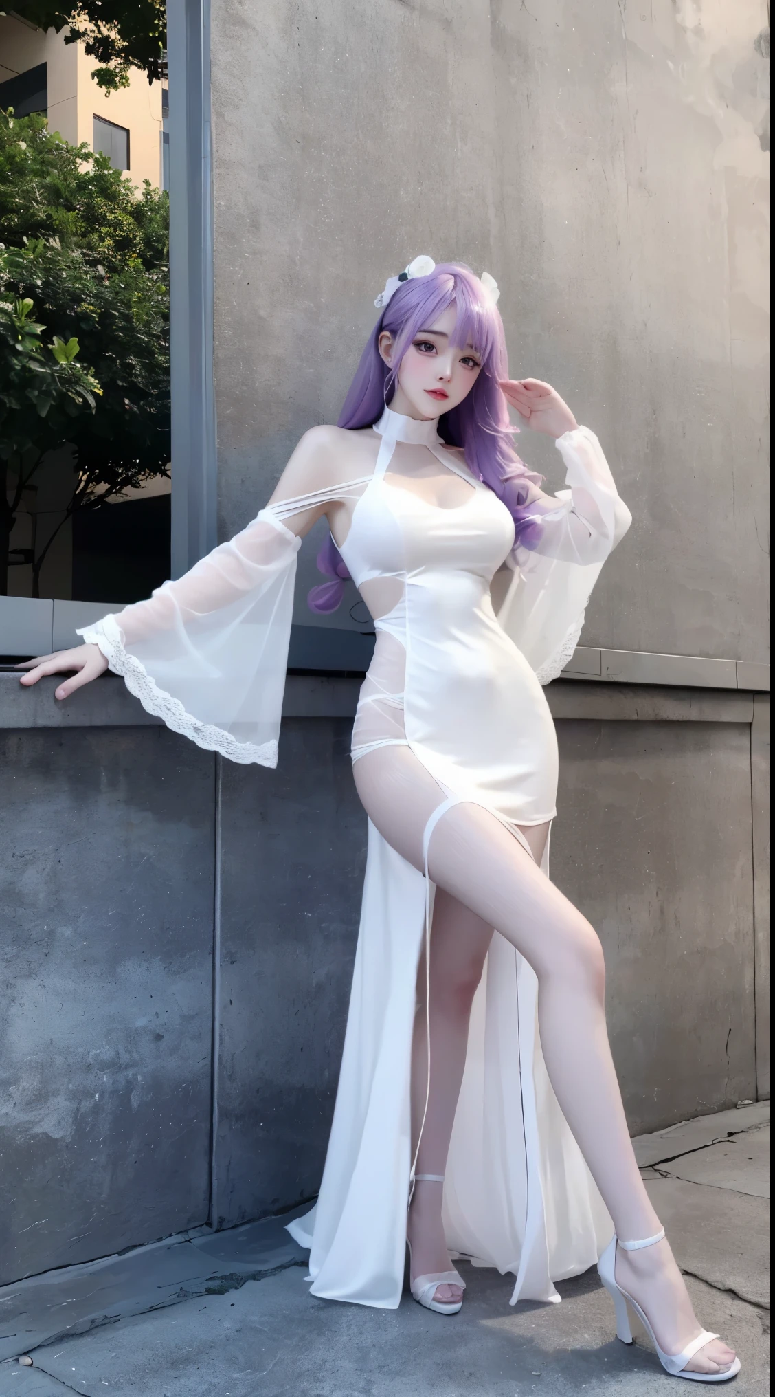 8k, Surreal, masterpiece, best quality, Super detailed, high resolution, random background, 1個Giant Breast Girl, (:1.5), Willow Yao, white dress，translucent，whole body，High heel白色透明婚纱，High heel，whole body，purple hair，light mine