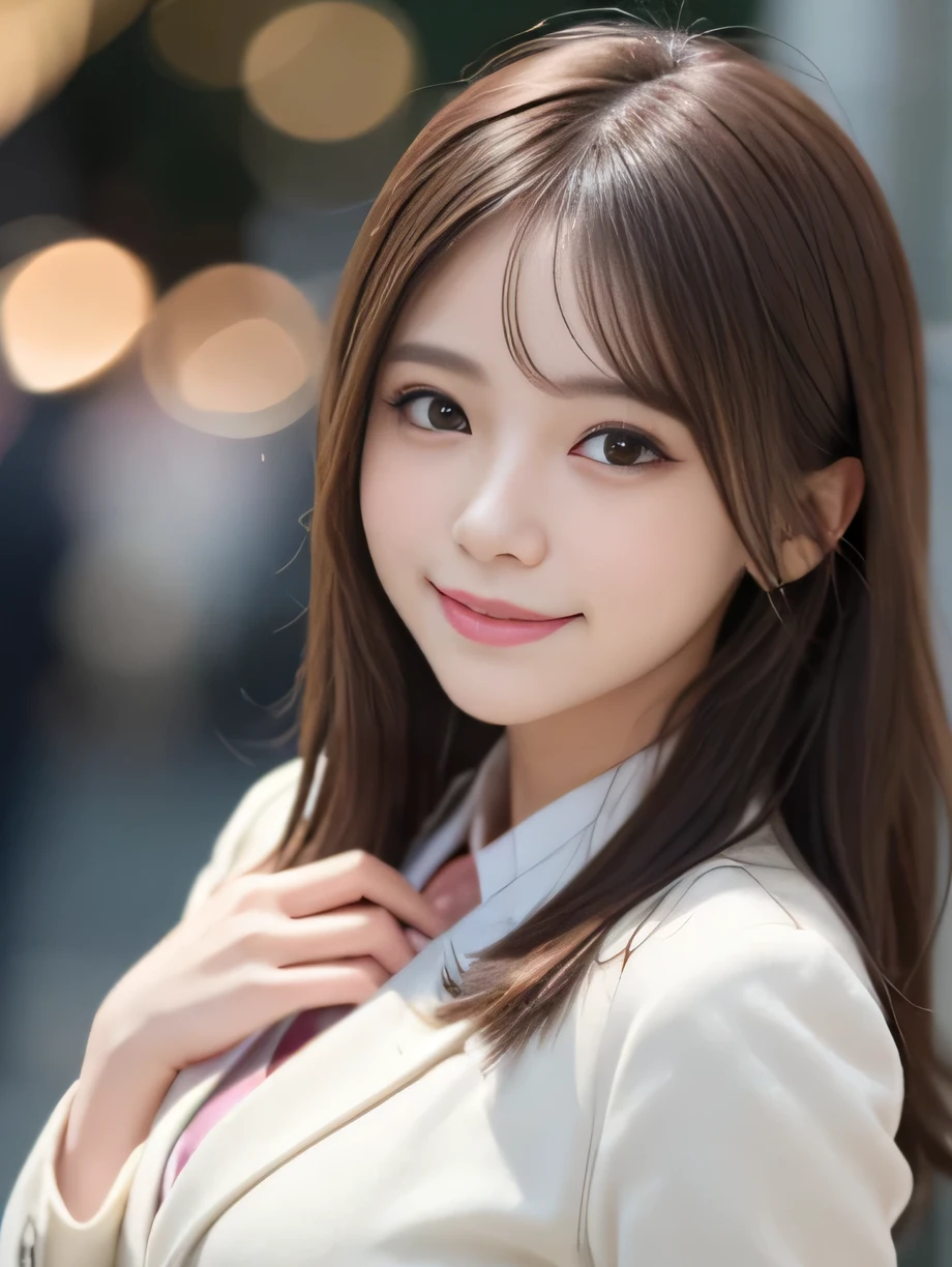 table top, highest quality, super detailed, finely, High resolution, 8k wallpaper, perfect dynamic composition, 1 girl, japanese girl, enchanting smile, smile shyly, beautiful, Very good-looking, cute like a doll, female idol, round big eyes, droopy eyes, small nostrils, 緻密でbeautiful目, natural lip, not wearing makeup, navy blazer , Japanese high school uniform, big breasts, bust shot, soft light, using a reflector, (50mm lens:1.3), f/1.4, (Bokeh:1.4), (blurred background:1.4),