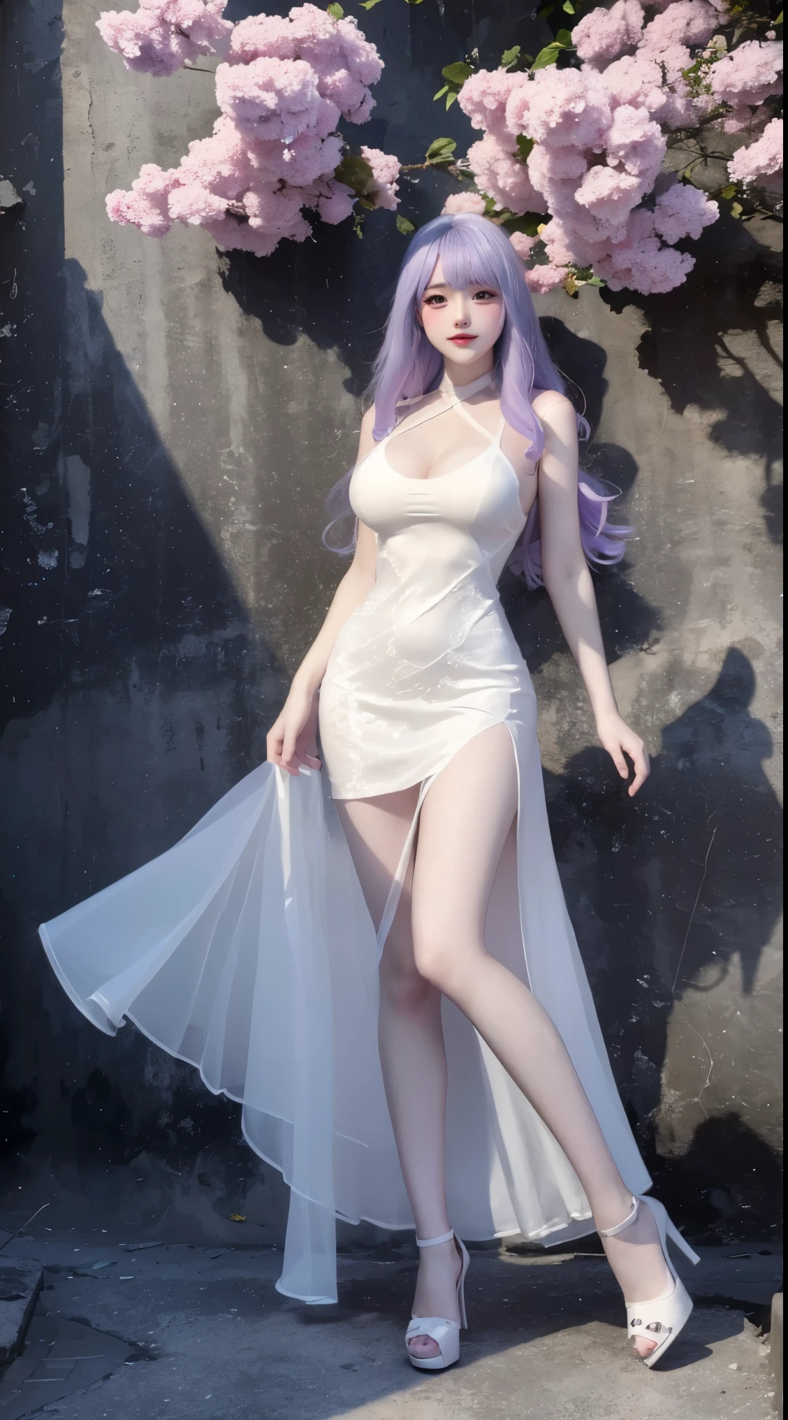 8k, Surreal, masterpiece, best quality, Super detailed, high resolution, random background, 1個Giant Breast Girl, (:1.5), Willow Yao, white dress，translucent，whole body，High heel白色透明婚纱，High heel，whole body，purple hair，light，Original God Thor