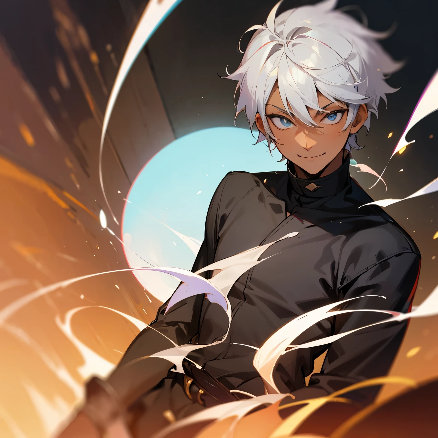 young man、gray hair、dark skin、short hair、evil smile