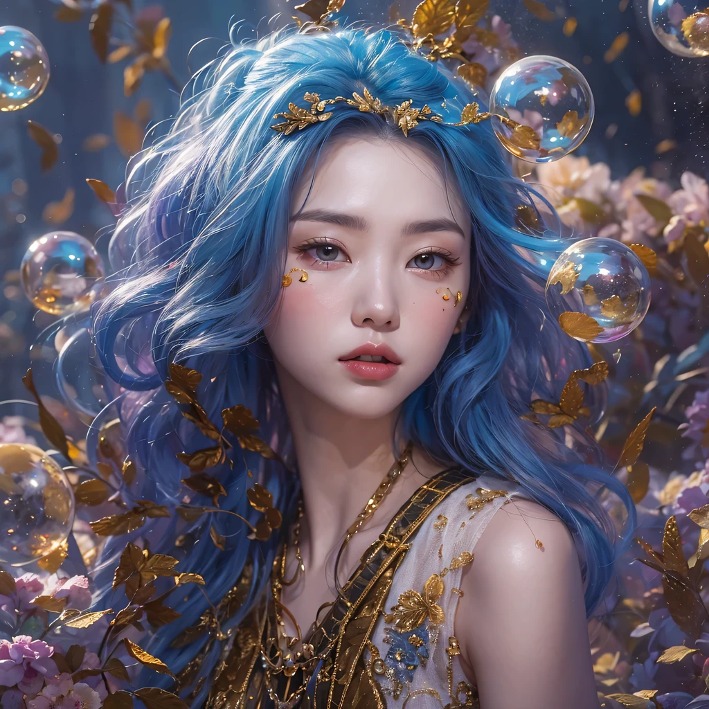 Yellow blue colors,enamel,agate,A flesh-colored world,Blood Blue Maiden 32k(masterpiece,HD,Aoyama Pond,Ultra high quality,32k)long flowing bright blue hair,blood pool,Ziddink, a color,Grumpy (After greeting), (Linen scarf), fighting stance, looking at the ground, long white hair, Floating bright blue, Fire cloud gold headdress, Chinese long-sleeved gold silk burgundy garment, (Abstract metaverse splash:1.2), White background,Peony flower vitality protector(realistically:1.4),bright purple hair,Smoke on the road,The background is very pure, high resolution, detail, RAW photos, Sharp Re, Nikon D850 film photo by Jefferies Lee 4 Kodak Portra 400 camera F1.6 guns, colorful, Ultra-realistic and vivid textures, dramatic lighting, Unreal Engine Art Station Trend, Sinest 800,一个有着long flowing bright blue hair的女孩,huge colorful bubbles