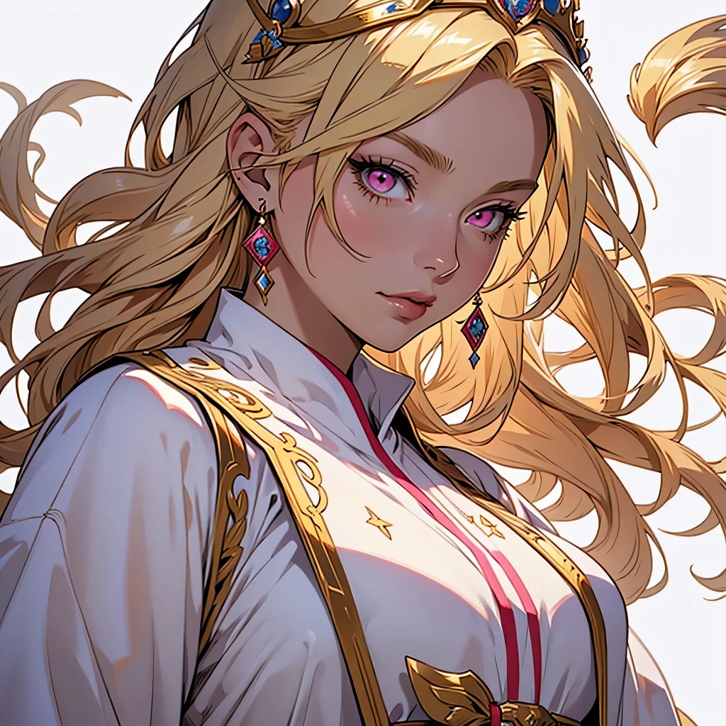 medieval anime art, masterpiece, best quality, by professional artist, only one person, upper body portrait, female, solo, detailed composition, detailed eyes, full white background, blonde hair, pink eyes, priestess, wearing royal mage outfit, mature, voluptuous, lipstick, earrings