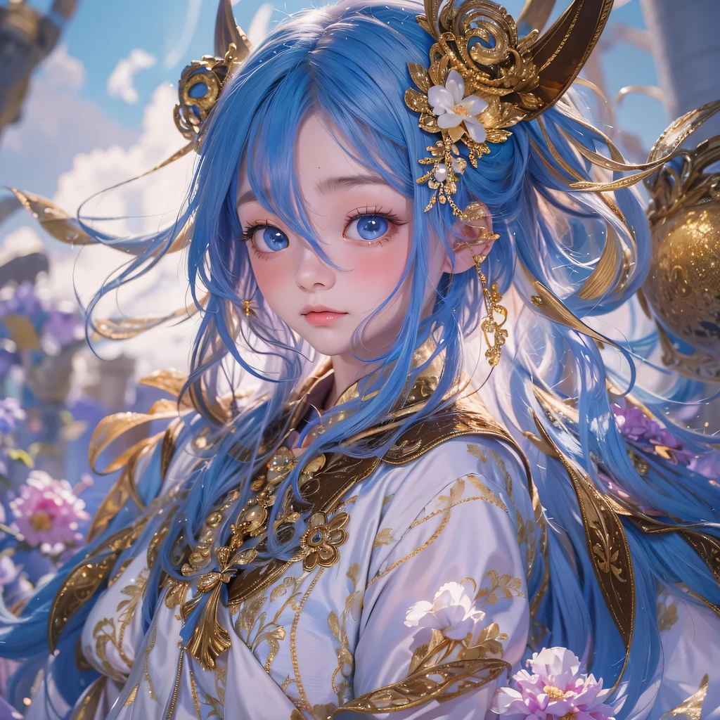 Yellow blue colors,enamel,agate,A flesh-colored world,Blood Blue Maiden 32k(masterpiece,HD,Aoyama Pond,Ultra high quality,32k)long flowing bright blue hair,blood pool,Ziddink, a color,Grumpy (After greeting), (Linen scarf), fighting stance, looking at the ground, long white hair, Floating bright blue, Fire cloud gold headdress, Chinese long-sleeved gold silk burgundy garment, (Abstract metaverse splash:1.2), White background,Peony flower vitality protector(realistically:1.4),bright purple hair,Smoke on the road,The background is very pure, high resolution, detail, RAW photos, Sharp Re, Nikon D850 film photo by Jefferies Lee 4 Kodak Portra 400 camera F1.6 guns, colorful, Ultra-realistic and vivid textures, dramatic lighting, Unreal Engine Art Station Trend, Sinest 800,一个有着long flowing bright blue hair的女孩,huge colorful bubbles