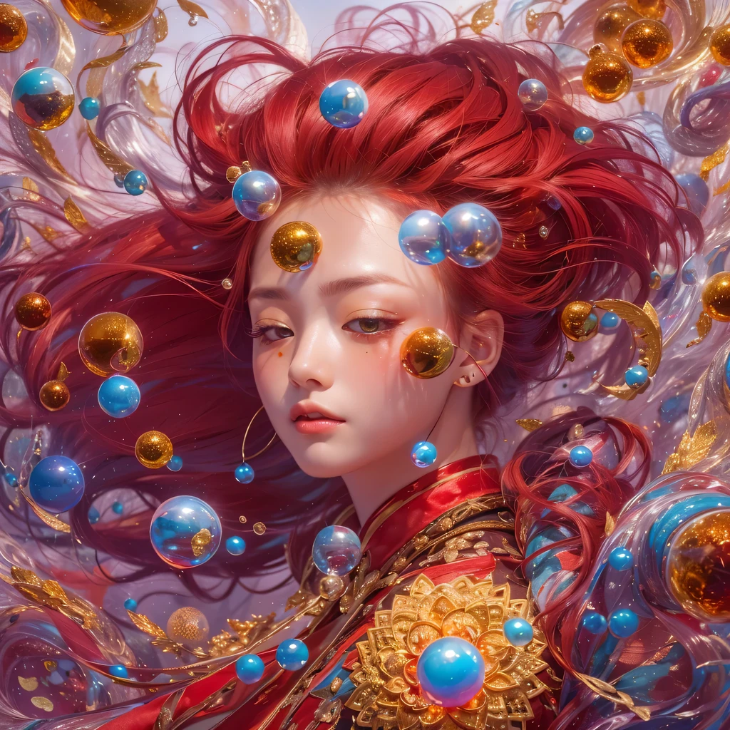 Poached egg series,red,enamel,agate,A flesh-colored world,Blood Blue Maiden 32k(masterpiece,HD,Aoyama Pond,Ultra high quality,32k)飘逸的亮red长发,blood pool,Ziddink, a color,Grumpy (After greeting), (Linen scarf), fighting stance, looking at the ground, Long red hair, Floating bright blue, Fire cloud gold headdress, 中国长袖金丝酒red服装, (Abstract metaverse splash:1.2), White background,Peony flower vitality protector(realistically:1.4),bright purple hair,Smoke on the road,The background is very pure, high resolution, detail, RAW photos, Sharp Re, Nikon D850 film photo by Jefferies Lee 4 Kodak Portra 400 camera F1.6 guns, colorful, Ultra-realistic and vivid textures, dramatic lighting, Unreal Engine Art Station Trend, Sinest 800,一个有着长长的飘逸亮red头发的女孩,huge colorful bubbles
