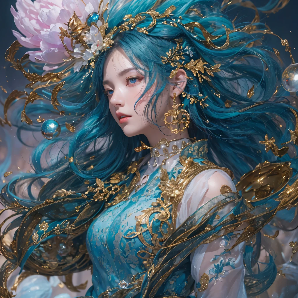 Yellow blue colors，enamel，agate，A flesh-colored world，Blood Blue Maiden 32k（masterpiece，HD，Aoyama Pond，Ultra high quality，32k）long flowing bright blue hair，blood pool，Ziddink， a color，Grumpy （After greeting）， （Linen scarf）， fighting stance， looking at the ground， long white hair， Floating bright blue， Fire cloud gold headdress， Chinese long-sleeved gold silk burgundy garment， （Abstract metaverse splash：1.2）， White background，Peony flower vitality protector（realistically：1.4），bright purple hair，Smoke on the road，The background is very pure， high resolution， detail， RAW photos， Sharp Re， Nikon D850 film photo by Jefferies Lee 4 Kodak Portra 400 camera F1.6 guns, colorful, Ultra-realistic and vivid textures, dramatic lighting, Unreal Engine Art Station Trend, Sinest 800，一个有着long flowing bright blue hair的女孩，huge colorful bubbles