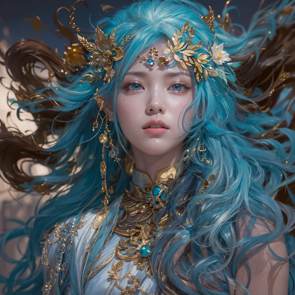 Yellow blue colors，enamel，agate，A flesh-colored world，Blood Blue Maiden 32k（masterpiece，HD，Aoyama Pond，Ultra high quality，32k）long flowing bright blue hair，blood pool，Ziddink， a color，Grumpy （After greeting）， （Linen scarf）， fighting stance， looking at the ground， long white hair， Floating bright blue， Fire cloud gold headdress， Chinese long-sleeved gold silk burgundy garment， （Abstract metaverse splash：1.2）， White background，Peony flower vitality protector（realistically：1.4），bright purple hair，Smoke on the road，The background is very pure， high resolution， detail， RAW photos， Sharp Re， Nikon D850 film photo by Jefferies Lee 4 Kodak Portra 400 camera F1.6 guns, colorful, Ultra-realistic and vivid textures, dramatic lighting, Unreal Engine Art Station Trend, Sinest 800，一个有着long flowing bright blue hair的女孩，huge colorful bubbles