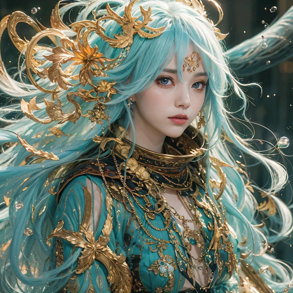 Yellow blue colors,enamel,agate,A flesh-colored world,Blood Blue Maiden 32k(masterpiece,HD,Aoyama Pond,Ultra high quality,32k)long flowing bright blue hair,blood pool,Ziddink, a color,Grumpy (After greeting), (Linen scarf), fighting stance, looking at the ground, long white hair, Floating bright blue, Fire cloud gold headdress, Chinese long-sleeved gold silk burgundy garment, (Abstract metaverse splash:1.2), White background,Peony flower vitality protector(realistically:1.4),bright purple hair,Smoke on the road,The background is very pure, high resolution, detail, RAW photos, Sharp Re, Nikon D850 film photo by Jefferies Lee 4 Kodak Portra 400 camera F1.6 guns, colorful, Ultra-realistic and vivid textures, dramatic lighting, Unreal Engine Art Station Trend, Sinest 800,一个有着long flowing bright blue hair的女孩,huge colorful bubbles