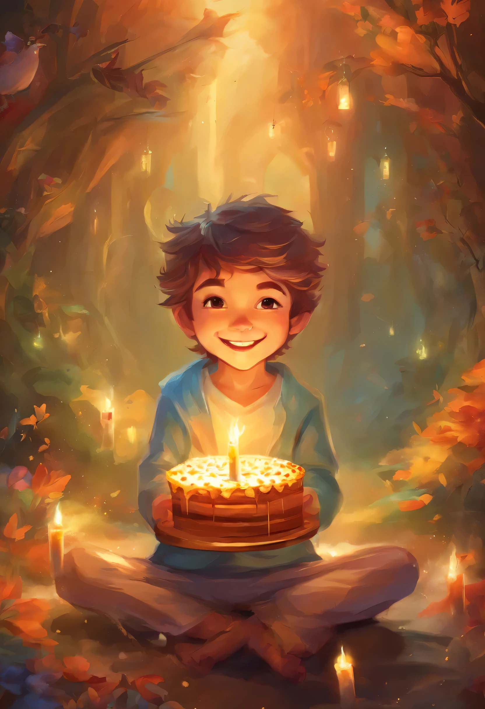 Happy boy on his birthday holding a cake with candles