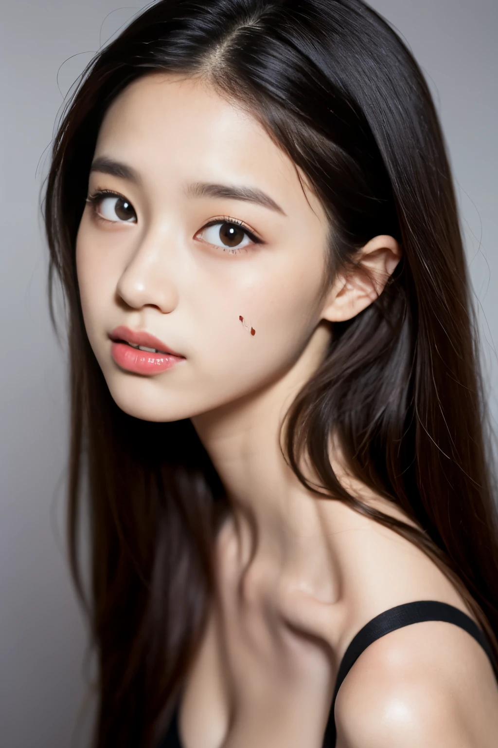 Girl, , beautiful, Korean, Asian girl, gray background, lighting, brown hair, detailed hair, long straight hair, beautiful, M, L, beautiful, honey eyes, has freckles in her eyes, cute, has full cheeks, red lips 