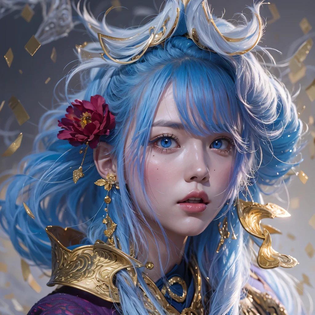 Yellow blue colors,enamel,agate,A flesh-colored world,Blood Blue Maiden 32k(masterpiece,HD,Aoyama Pond,Ultra high quality,32k)long flowing bright blue hair,blood pool,Ziddink, a color,Grumpy (After greeting), (Linen scarf), fighting stance, looking at the ground, long white hair, Floating bright blue, Fire cloud gold headdress, Chinese long-sleeved gold silk burgundy garment, (Abstract metaverse splash:1.2), White background,Peony flower vitality protector(realistically:1.4),bright purple hair,Smoke on the road,The background is very pure, high resolution, detail, RAW photos, Sharp Re, Nikon D850 film photo by Jefferies Lee 4 Kodak Portra 400 camera F1.6 guns, colorful, Ultra-realistic and vivid textures, dramatic lighting, Unreal Engine Art Station Trend, Sinest 800,一个有着long flowing bright blue hair的女孩,huge colorful bubbles
