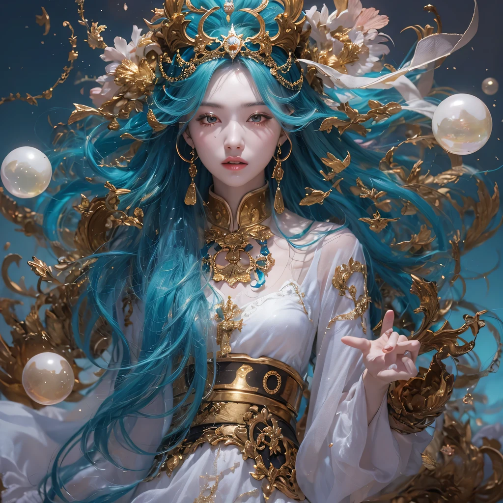 Yellow blue colors,enamel,agate,A flesh-colored world,Blood Blue Maiden 32k(masterpiece,HD,Aoyama Pond,Ultra high quality,32k)long flowing bright blue hair,blood pool,Ziddink, a color,Grumpy (After greeting), (Linen scarf), fighting stance, looking at the ground, long white hair, Floating bright blue, Fire cloud gold headdress, Chinese long-sleeved gold silk burgundy garment, (Abstract metaverse splash:1.2), White background,Peony flower vitality protector(realistically:1.4),bright purple hair,Smoke on the road,The background is very pure, high resolution, detail, RAW photos, Sharp Re, Nikon D850 film photo by Jefferies Lee 4 Kodak Portra 400 camera F1.6 guns, colorful, Ultra-realistic and vivid textures, dramatic lighting, Unreal Engine Art Station Trend, Sinest 800,一个有着long flowing bright blue hair的女孩,huge colorful bubbles