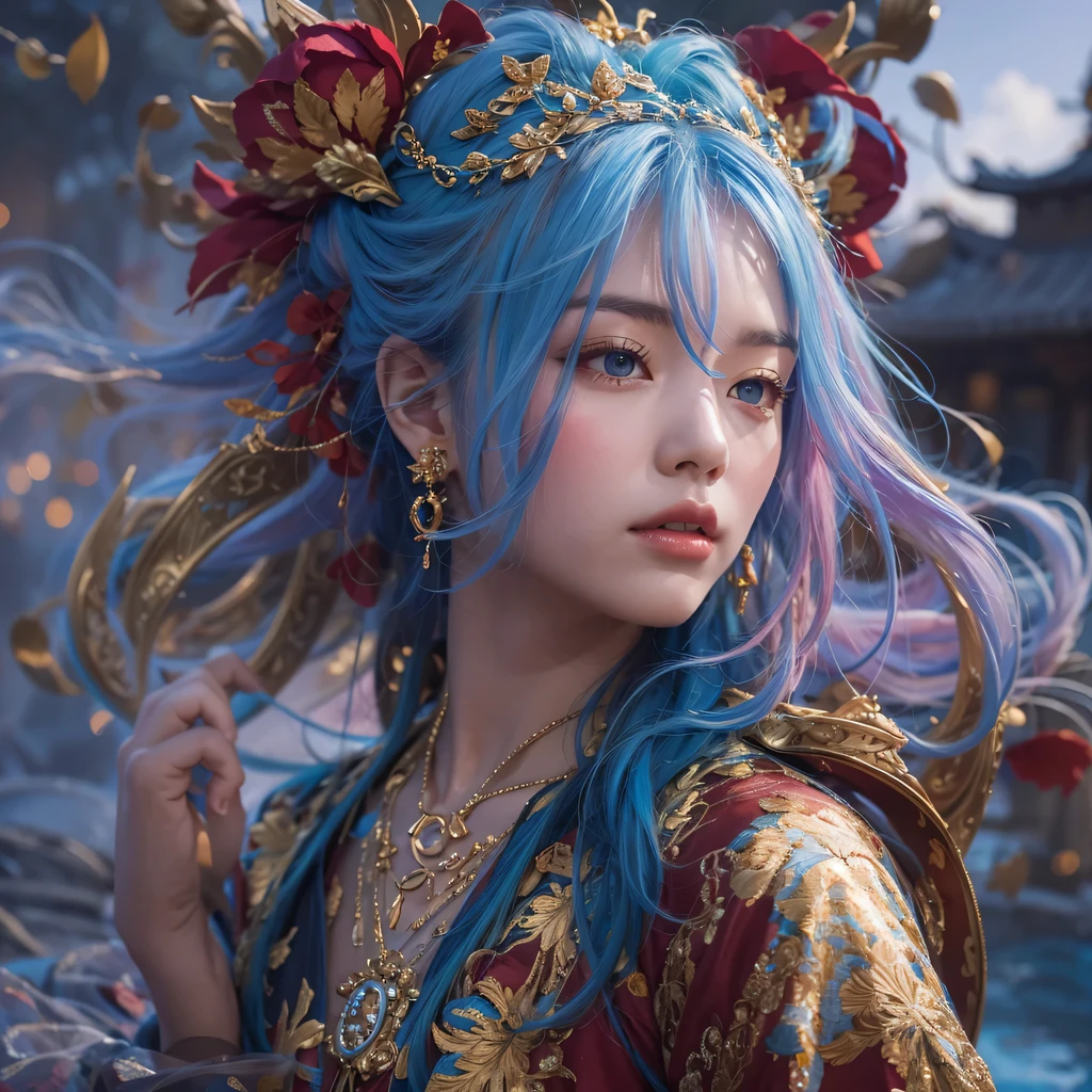 Yellow blue colors，enamel，agate，A flesh-colored world，Blood Blue Maiden 32k（masterpiece，HD，Aoyama Pond，Ultra high quality，32k）long flowing bright blue hair，blood pool，Ziddink， a color，Grumpy （After greeting）， （Linen scarf）， fighting stance， looking at the ground， long white hair， Floating bright blue， Fire cloud gold headdress， Chinese long-sleeved gold silk burgundy garment， （Abstract metaverse splash：1.2）， White background，Peony flower vitality protector（realistically：1.4），bright purple hair，Smoke on the road，The background is very pure， high resolution， detail， RAW photos， Sharp Re， Nikon D850 film photo by Jefferies Lee 4 Kodak Portra 400 camera F1.6 guns, colorful, Ultra-realistic and vivid textures, dramatic lighting, Unreal Engine Art Station Trend, Sinest 800，一个有着long flowing bright blue hair的女孩，huge colorful bubbles