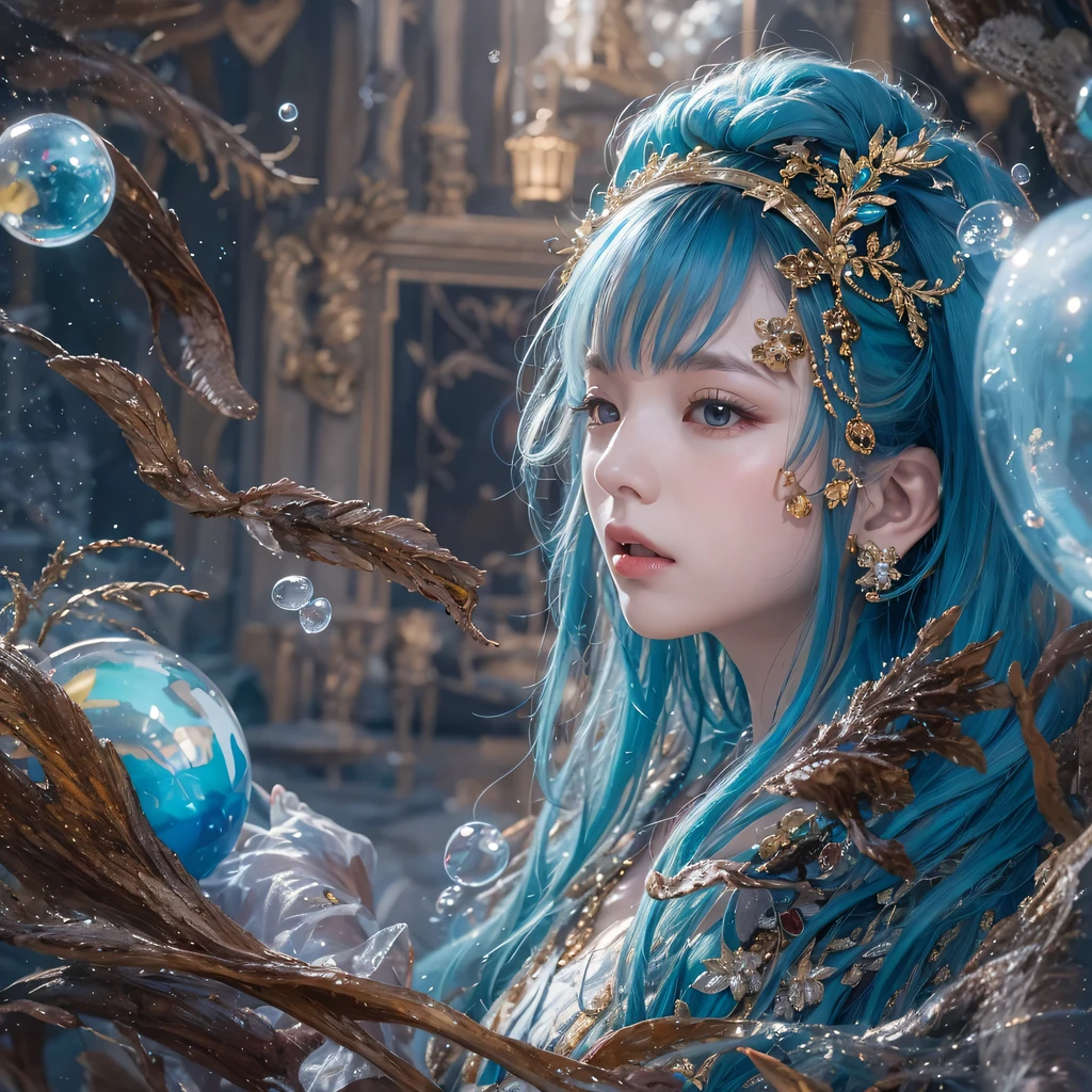 Yellow blue colors，enamel，agate，A flesh-colored world，Blood Blue Maiden 32k（masterpiece，HD，Aoyama Pond，Ultra high quality，32k）long flowing bright blue hair，blood pool，Ziddink， a color，Grumpy （After greeting）， （Linen scarf）， fighting stance， looking at the ground， long white hair， Floating bright blue， Fire cloud gold headdress， Chinese long-sleeved gold silk burgundy garment， （Abstract metaverse splash：1.2）， White background，Peony flower vitality protector（realistically：1.4），bright purple hair，Smoke on the road，The background is very pure， high resolution， detail， RAW photos， Sharp Re， Nikon D850 film photo by Jefferies Lee 4 Kodak Portra 400 camera F1.6 guns, colorful, Ultra-realistic and vivid textures, dramatic lighting, Unreal Engine Art Station Trend, Sinest 800，一个有着long flowing bright blue hair的女孩，huge colorful bubbles