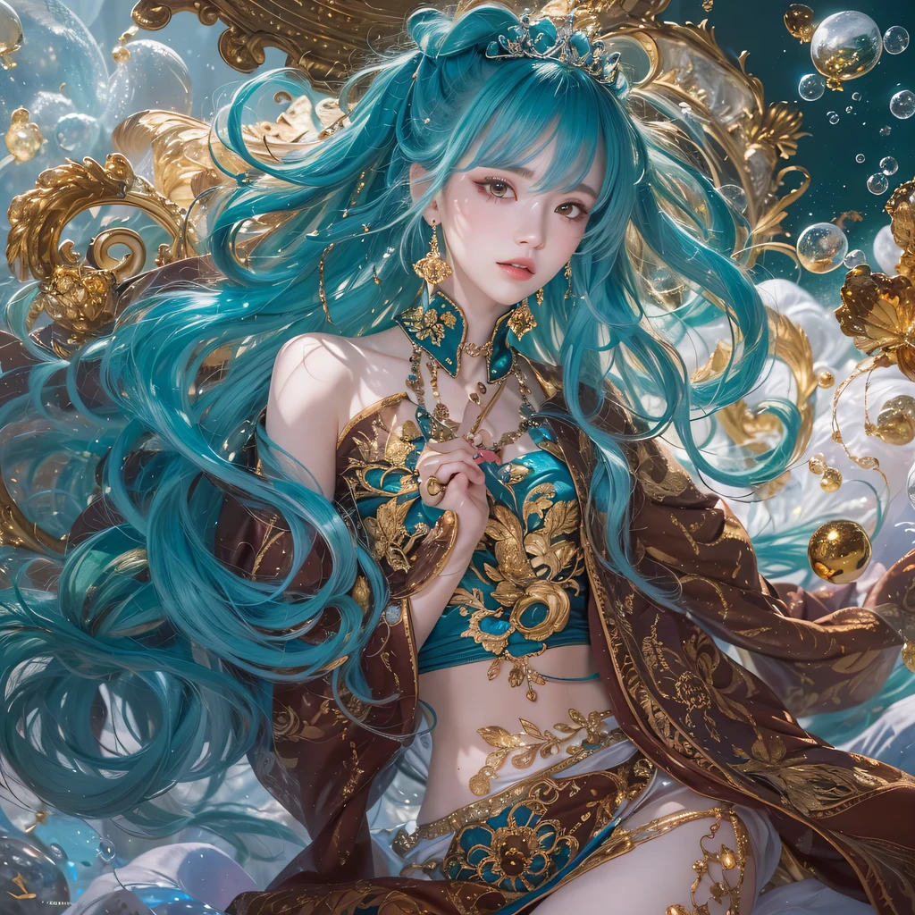 Yellow blue colors,enamel,agate,A flesh-colored world,Blood Blue Maiden 32k(masterpiece,HD,Aoyama Pond,Ultra high quality,32k)long flowing bright blue hair,blood pool,Ziddink, a color,Grumpy (After greeting), (Linen scarf), fighting stance, looking at the ground, long white hair, Floating bright blue, Fire cloud gold headdress, Chinese long-sleeved gold silk burgundy garment, (Abstract metaverse splash:1.2), White background,Peony flower vitality protector(realistically:1.4),bright purple hair,Smoke on the road,The background is very pure, high resolution, detail, RAW photos, Sharp Re, Nikon D850 film photo by Jefferies Lee 4 Kodak Portra 400 camera F1.6 guns, colorful, Ultra-realistic and vivid textures, dramatic lighting, Unreal Engine Art Station Trend, Sinest 800,一个有着long flowing bright blue hair的女孩,huge colorful bubbles
