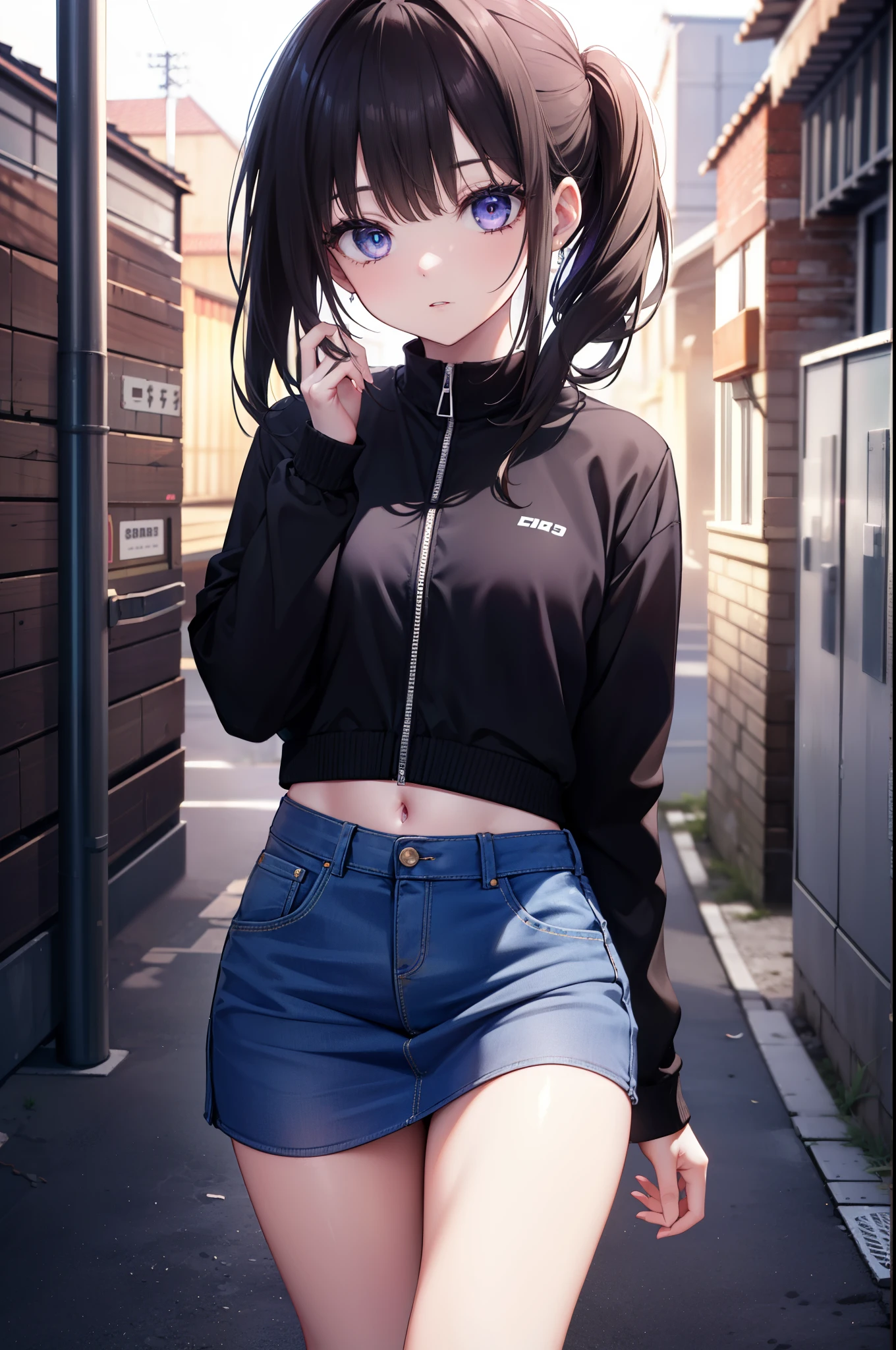 Takiuchi Kame, long hair, bangs,  black hair, (purple eyes:1.2),ponytail,blue clothes,mini skirt,barefoot,all,(car　　　GTR34),carにもたれてる,
break outdoors, 駐car場,
break looking at viewer, (cowboy shot:1.5),
break (masterpiece:1.2), highest quality, High resolution, unity 8k wallpaper, (shape:0.8), (fine and beautiful eyes:1.6), highly detailed face, perfect lighting, Very detailed CG, (perfect hands, perfect ???????),