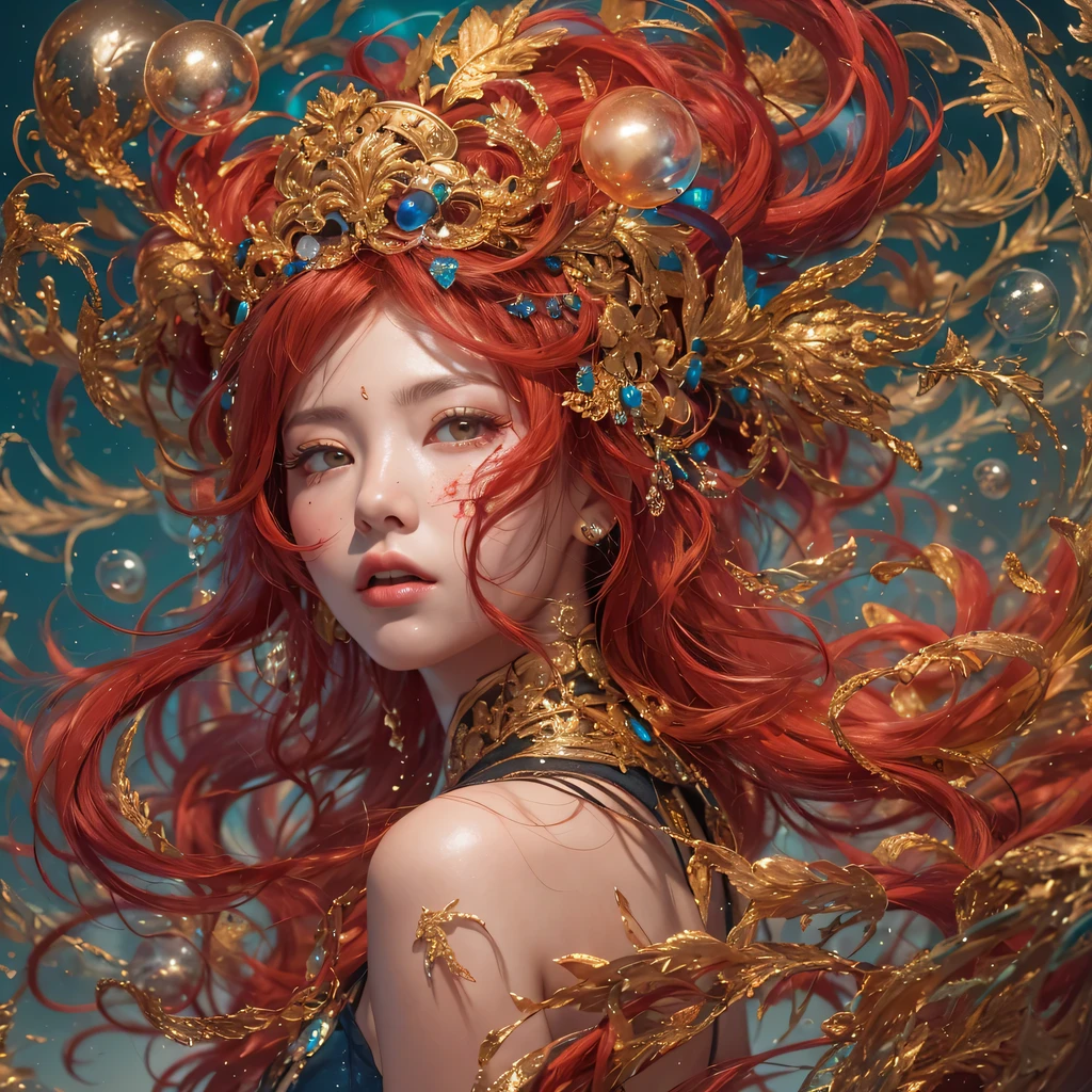 Poached egg series，red，enamel，agate，A flesh-colored world，Blood Blue Maiden 32k（masterpiece，HD，Aoyama Pond，Ultra high quality，32k）飘逸的亮red长发，blood pool，Ziddink， a color，Grumpy （After greeting）， （Linen scarf）， fighting stance， looking at the ground， Long red hair， Floating bright blue， Fire cloud gold headdress， 中国长袖金丝酒red服装， （Abstract metaverse splash：1.2）， White background，Peony flower vitality protector（realistically：1.4），bright purple hair，Smoke on the road，The background is very pure， high resolution， detail， RAW photos， Sharp Re， Nikon D850 film photo by Jefferies Lee 4 Kodak Portra 400 camera F1.6 guns, colorful, Ultra-realistic and vivid textures, dramatic lighting, Unreal Engine Art Station Trend, Sinest 800，一个有着长长的飘逸亮red头发的女孩，huge colorful bubbles