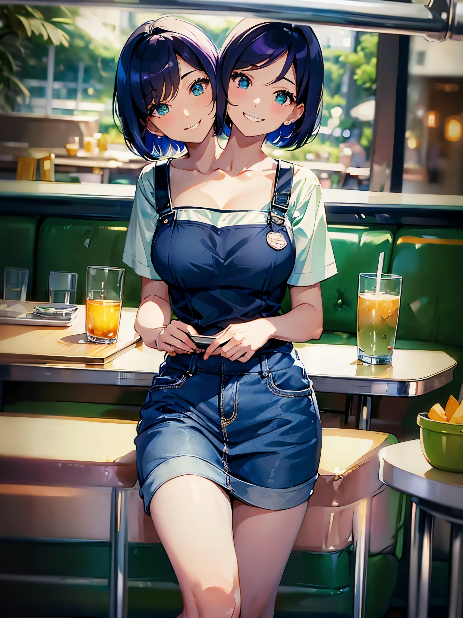 (masterpiece, best quality), best resolution, (2heads:1.5), 1girl, diner waitress, short purple hair, bob cut, green eyes, holding a tablet and stylus, smiling, black apron, white t-shirt, blue jeans, 1950s style diner