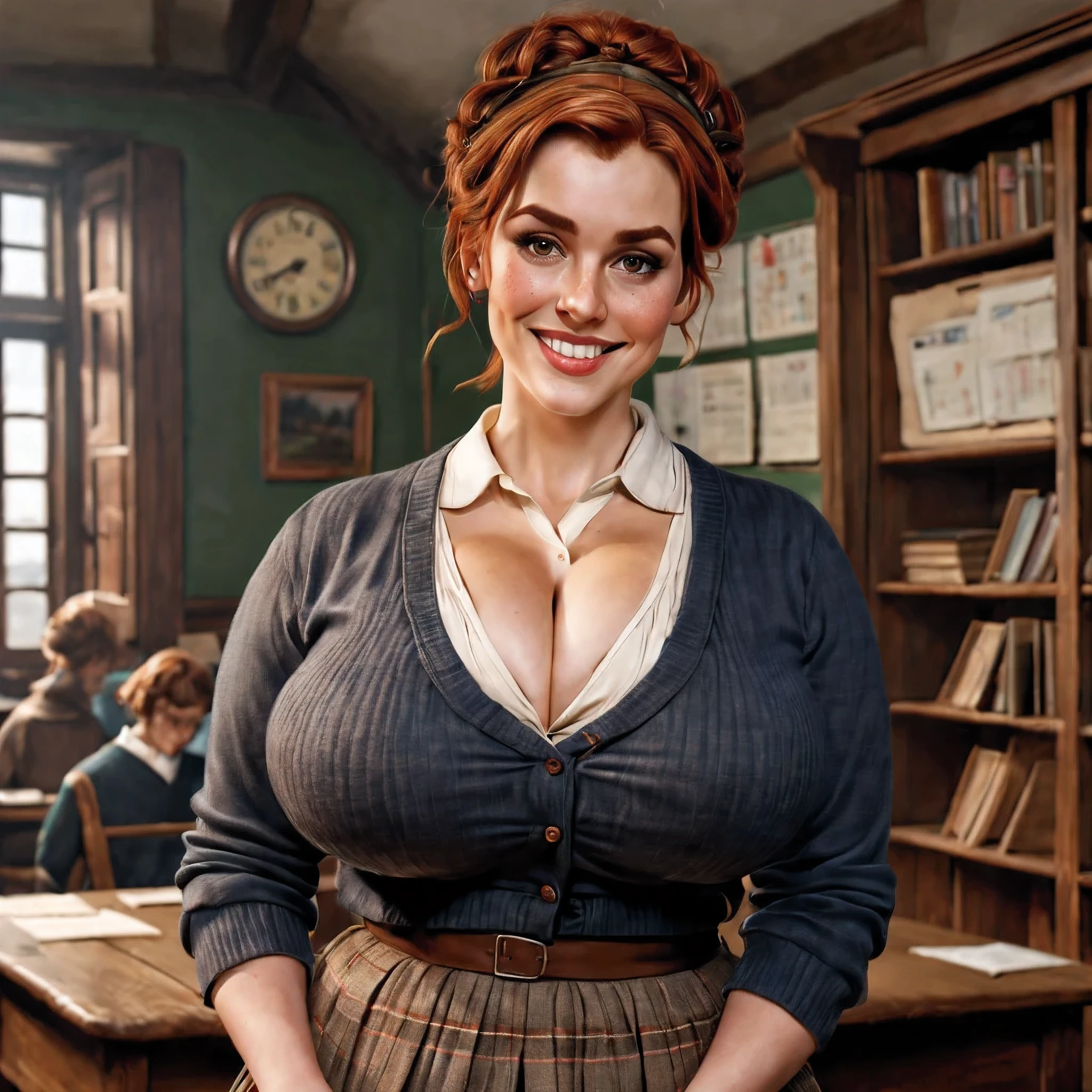 (photorealistic) a beautiful 30-year- old Scottish woman teaching in a vintage classroom, She has brownish-red hair, hair gathered up. light skin and freckles. (black eyebrows:0.8), high cheekbones, brown eyes, downturned eyes. (smile:0.8), (voluptuous), (massive breasts), sagging breasts. She is wearing a tweed skirt and a cardigan. (highly detailed, intrixate, best quality, 16K), (masterpiece), UHD, 